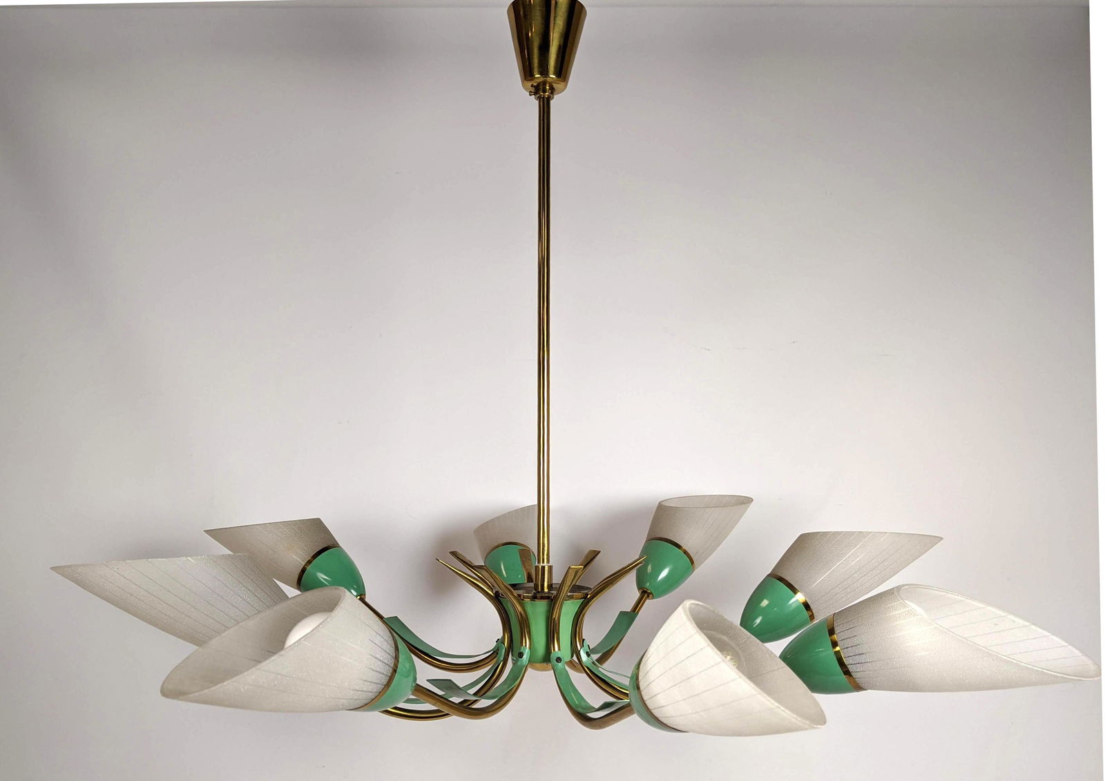 Italian Green Enamel and Glass Chandelier Pendant Lamp. (1 of 8)