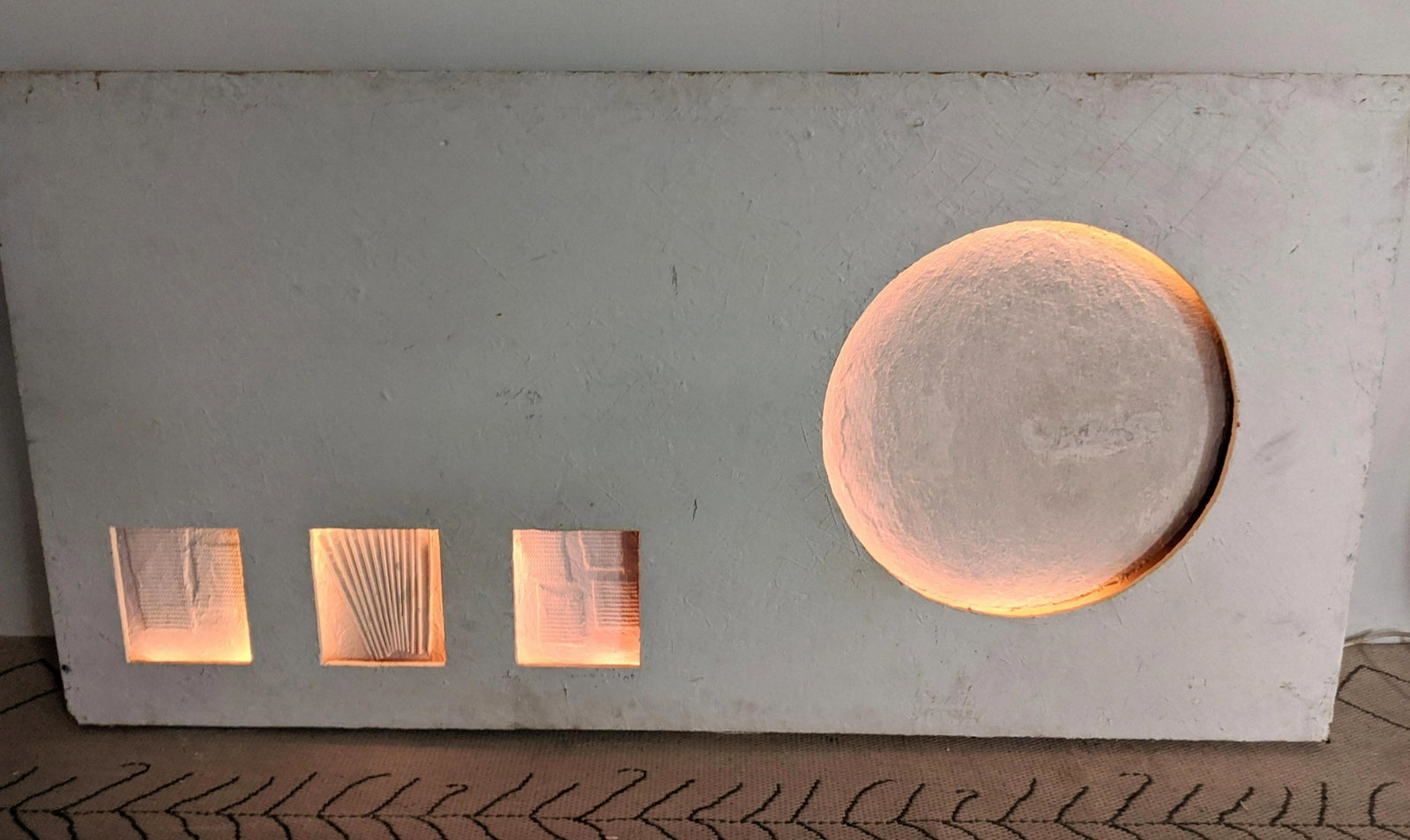 Large Painted Gesso and Wood Wall Sculpture Light.: Large Painted Gesso and Wood Wall Sculpture Light.-- Dimensions: H: 36 inches: W: 72 inches ---