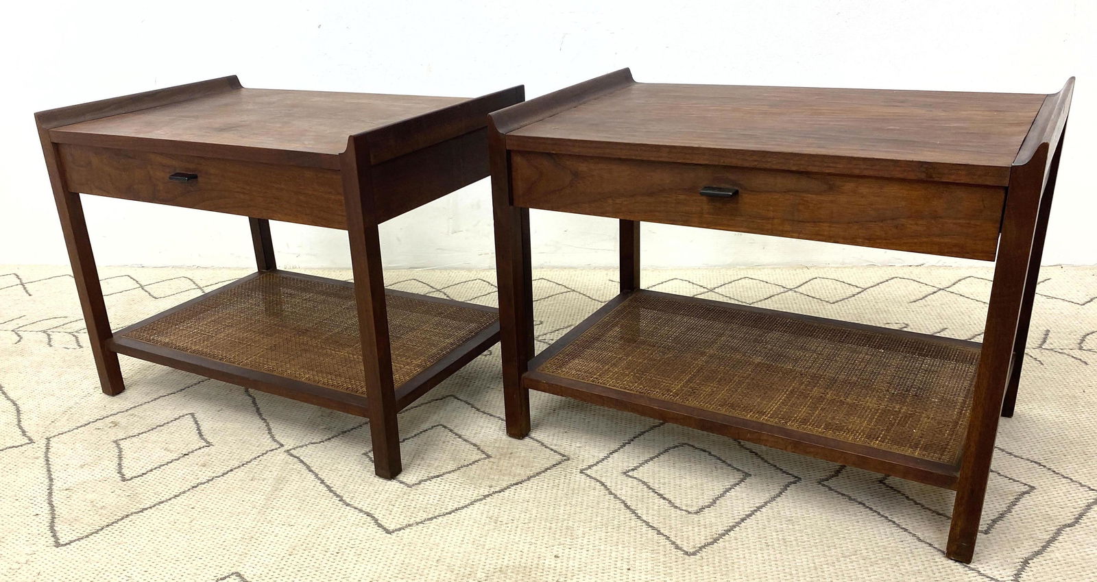 Pair American Modern Walnut Side end Tables. Lower cane (1 of 10)