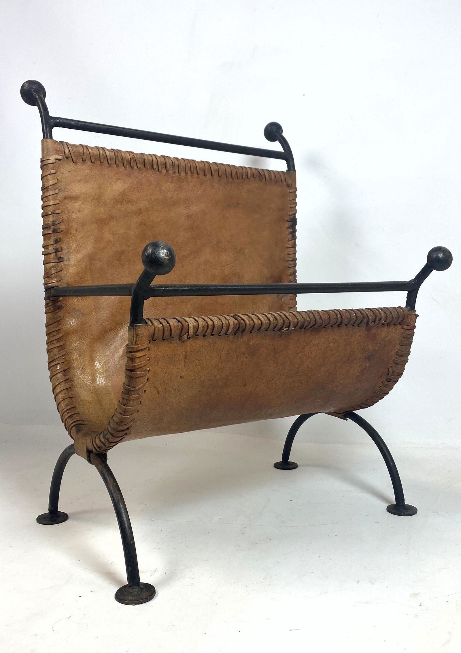 Royere Style Wrapped Leather and Iron Magazine Rack. (1 of 7)