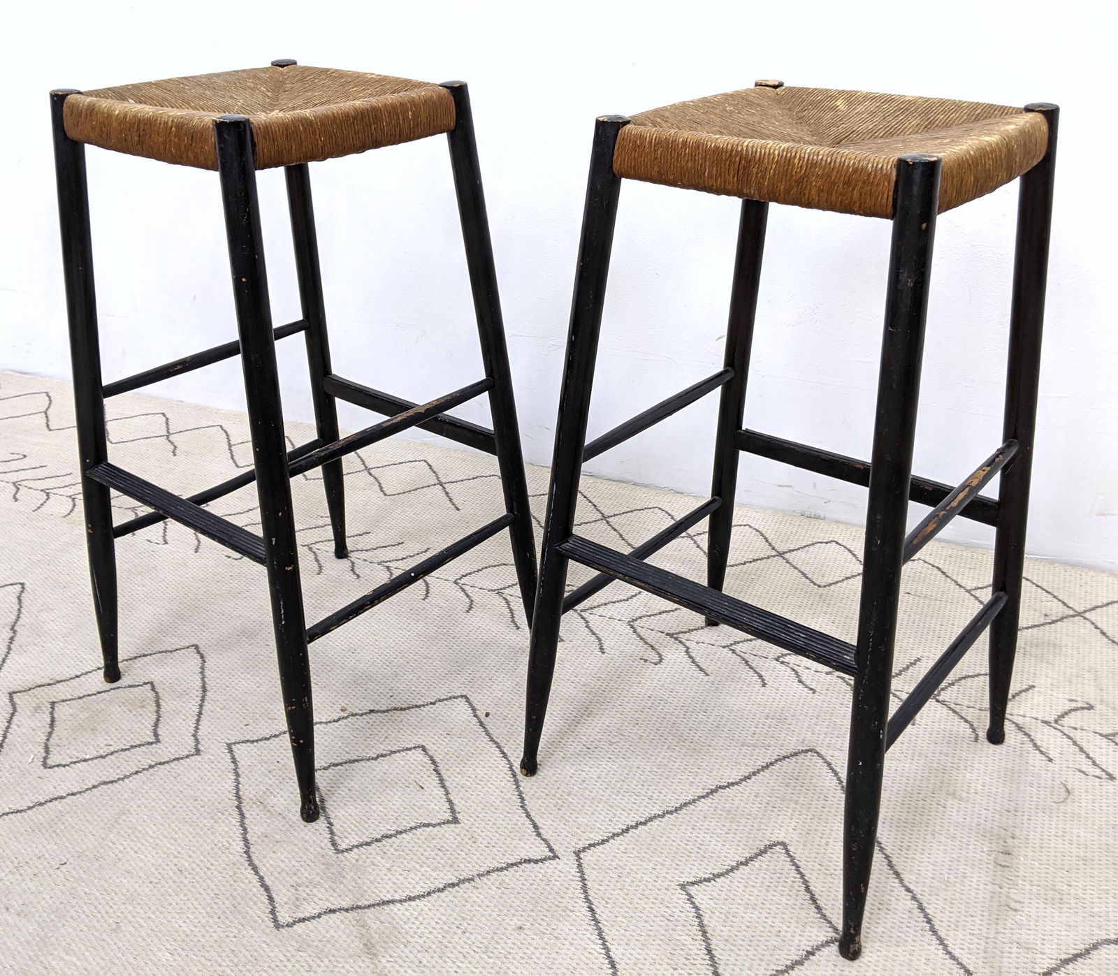Pair Italian Bar Stools. Ebonized frames with wov (1 of 11)