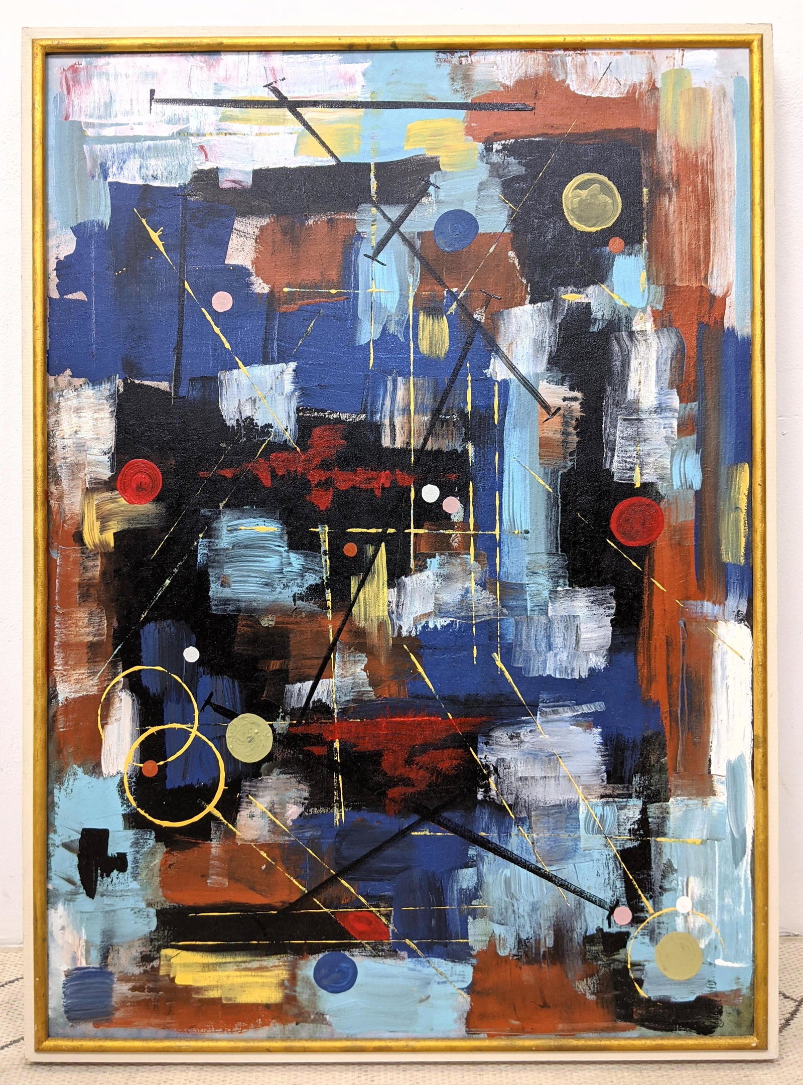 Zinba Dns (?) SUMMER DAY Large Abstarct Oil painting on: Zinba Dns (?) SUMMER DAY Large Abstarct Oil painting on Canvas Blue, Rust and yellow.-- Dimensions: H: 45.5 inches: W: 32 inches ---