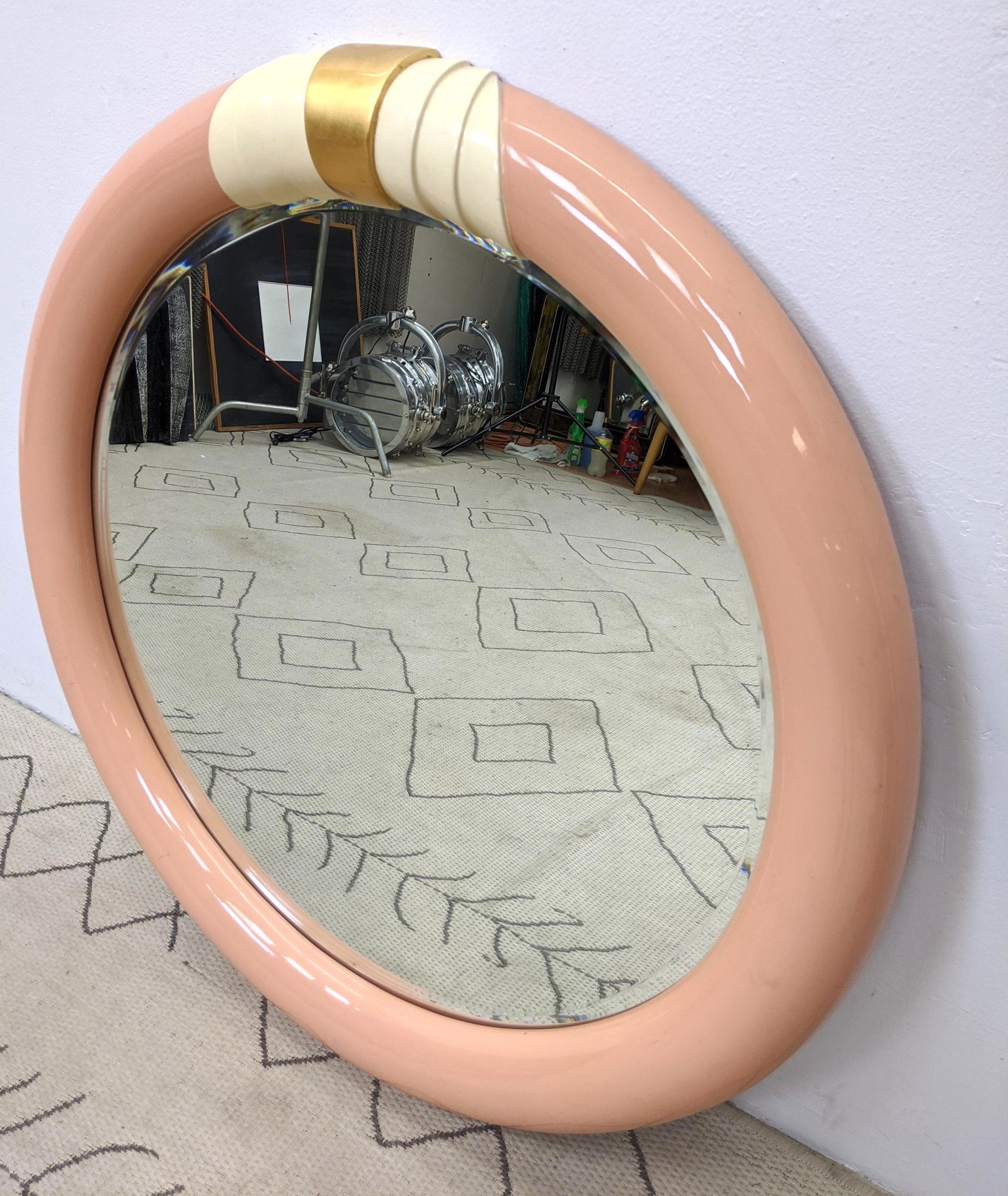 80s Modern Round Wall Mirror.  Pink with decorative det (1 of 6)