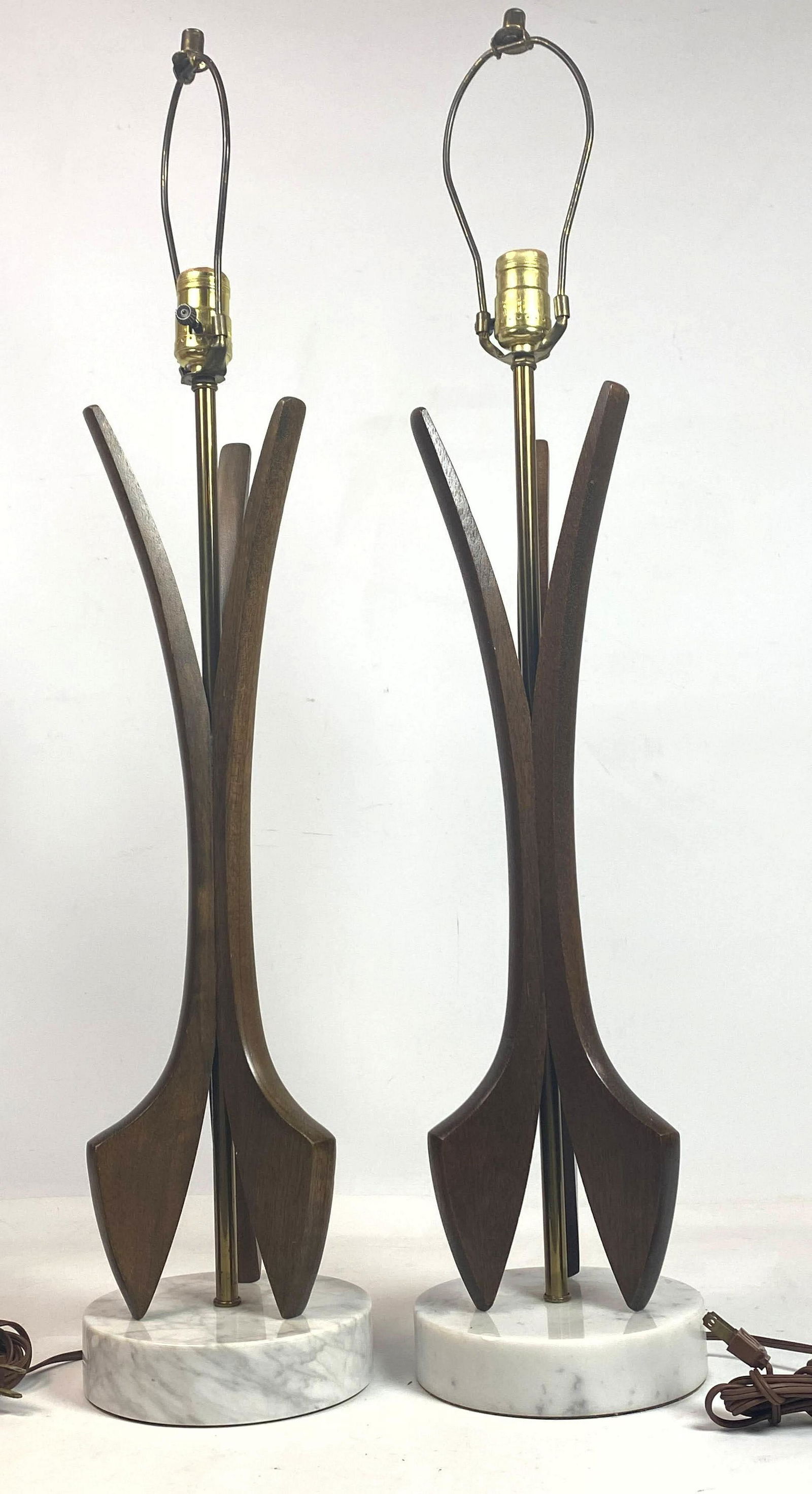 Pair American Modern Table Lamps.  Walnut and Marble. (1 of 9)