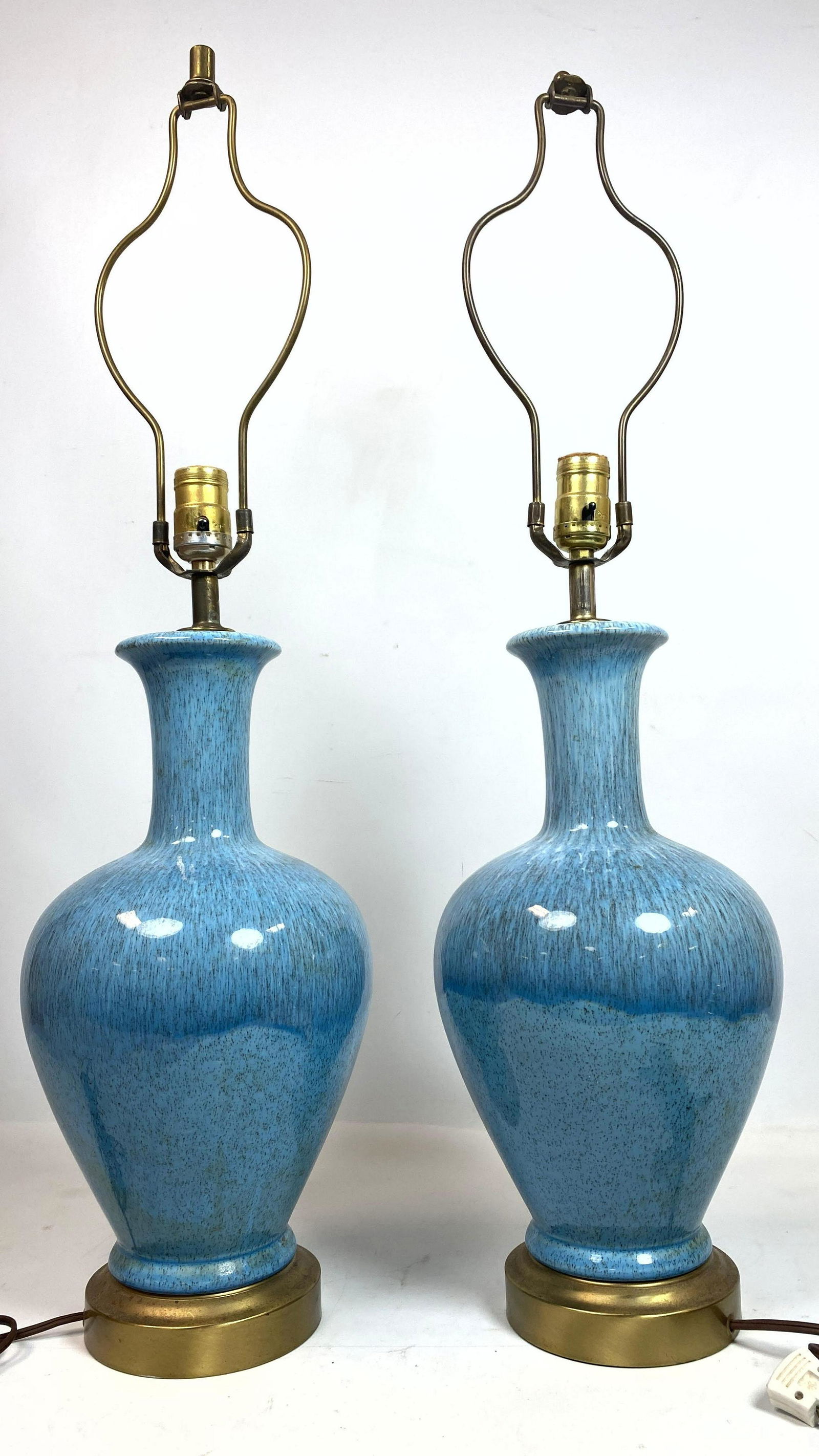 Pair Blue Glazed Table Lamps. Brass base. (1 of 11)
