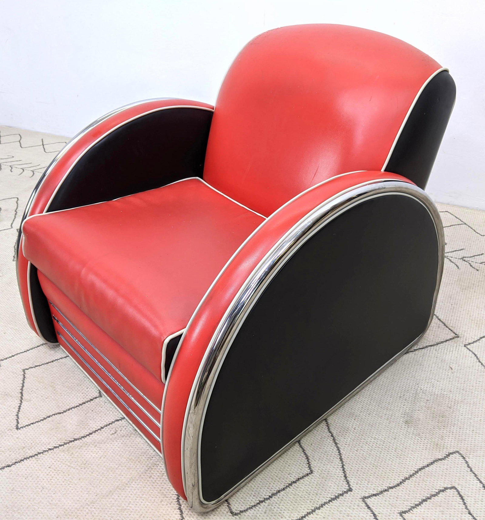 Art Deco Style Lounge Chair.  Bowed arm. Chrome details (1 of 8)