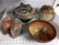 Agate bookends Art pottery bowls and vase. Signed. Drag