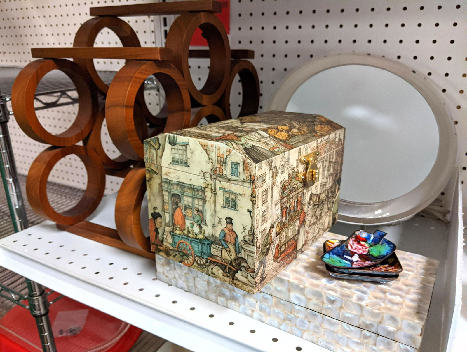 Teak wine rack, abalone box, french jewerly box and lig: Teak wine rack, abalone box, french jewerly box and light up mirror.-- Dimensions: ---