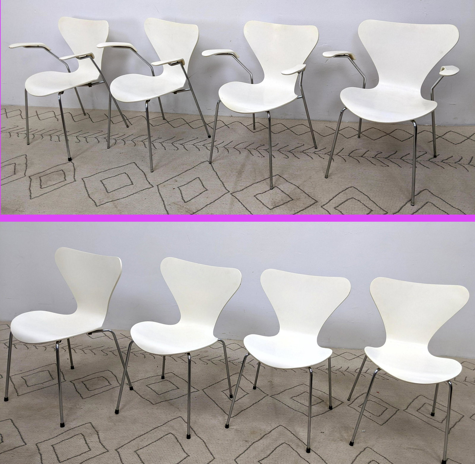 Set 8 FRITZ HANSEN Modernist Arm Chairs. White Molded W (1 of 16)