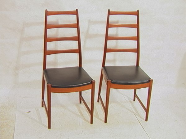 Pr Kofod Larson Tall Back Teak Chairs. Black Viny: Pr Kofod Larson Tall Back Teak Chairs. Black Vinyl Cushions. Dimensions: H: 40 inches: W: 17.75 inches: D: 20 inches US Shipping charge: Pick up or shipping quote from outside shipper, we cannot quot