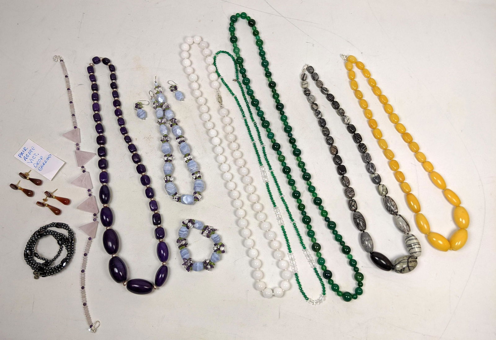 16pc Beaded Jewelry. Two pair agate teardrop earrings. (1 of 7)