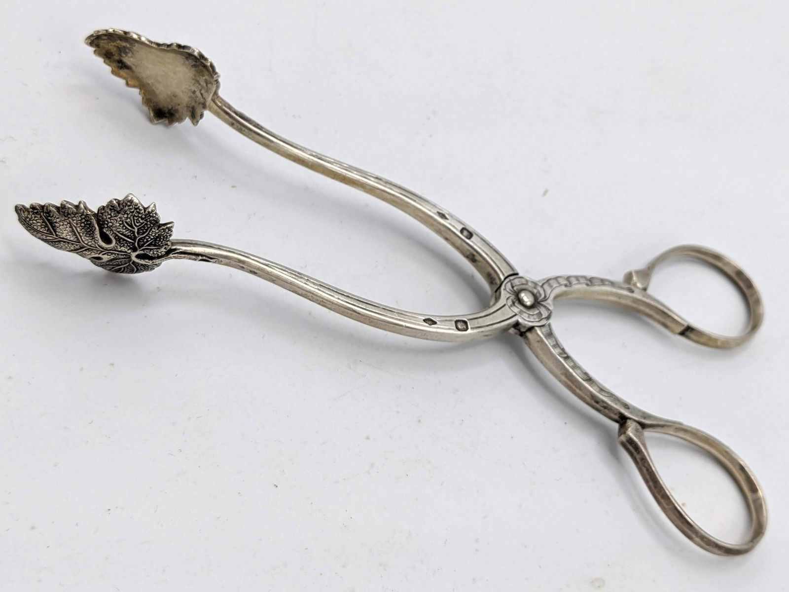 Pr French Sterling Silver Hinged Tongs. Grape leaf moti (1 of 8)