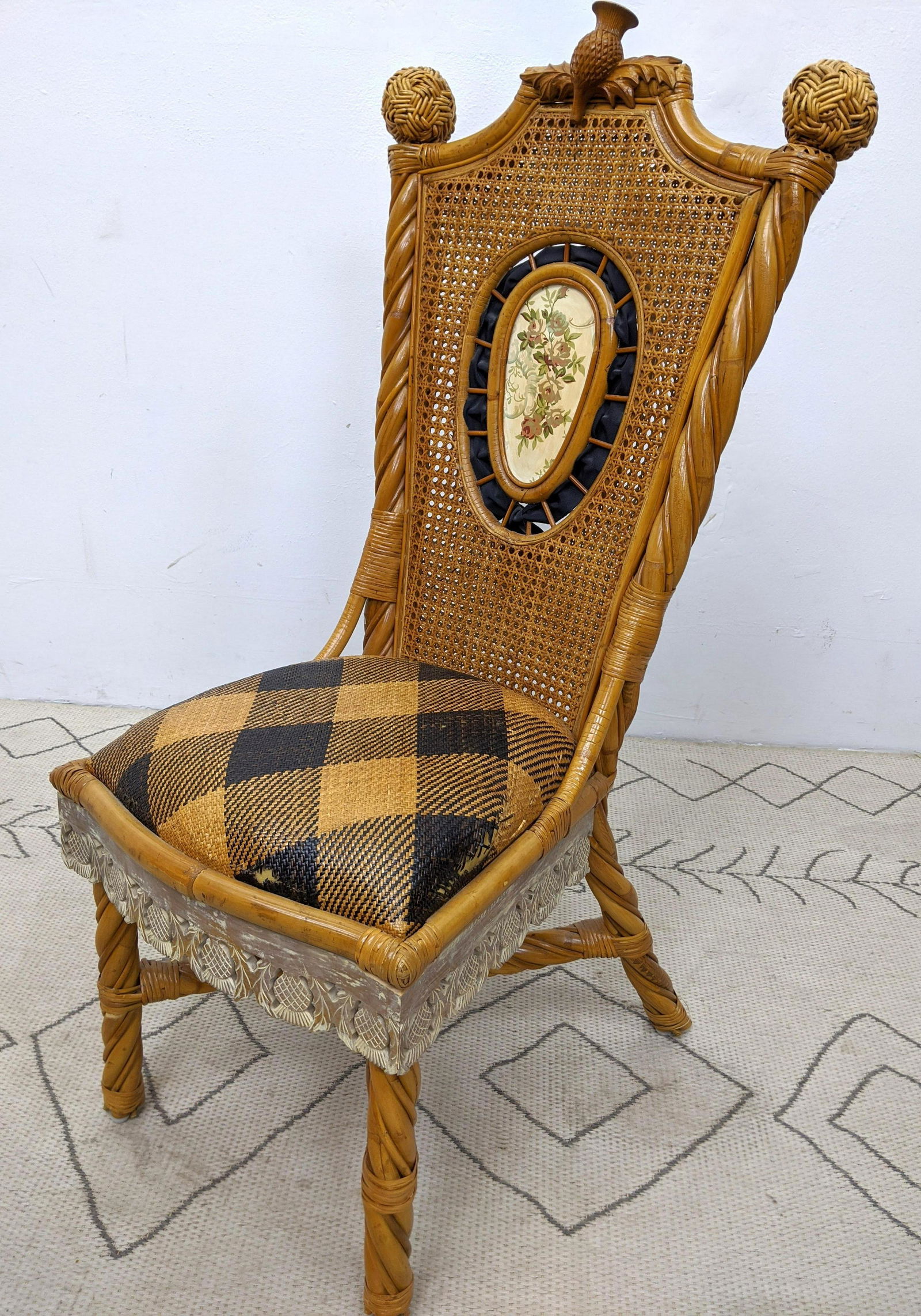MACKENZIE CHILDS Rattan and Cane Chair.: MACKENZIE CHILDS Rattan and Cane Chair. -- Dimensions: H: 43.5 inches: W: 22 inches: D: 23 inches ---