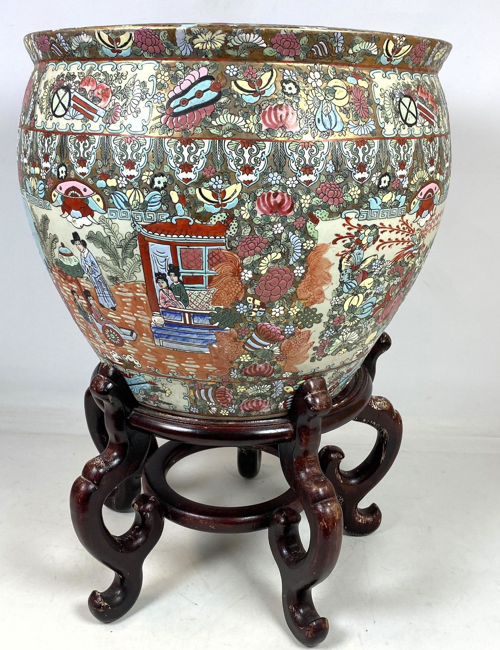 Large Chinese Fish Bowl Planter on Wood Base. Rose meda (1 of 8)