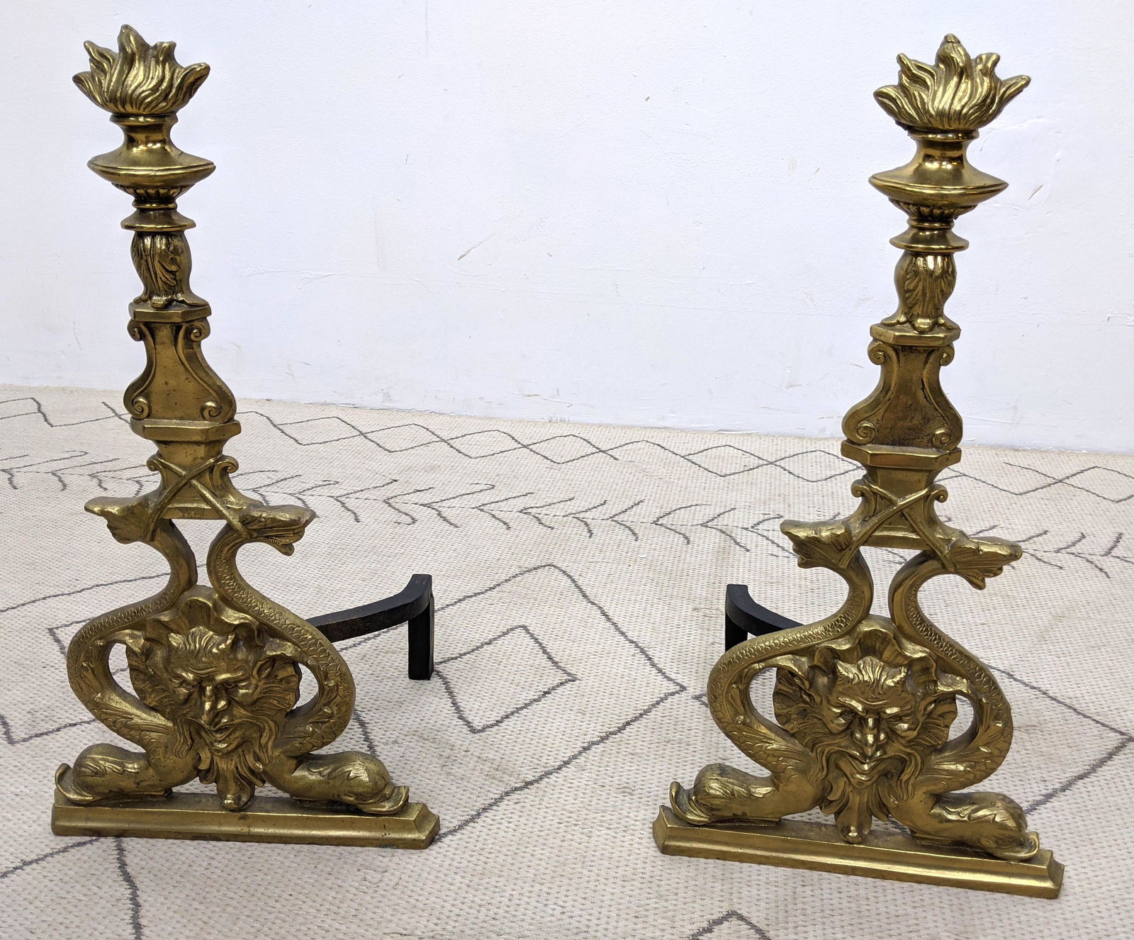 Large Pair Brass Fireplace Andirons. Figural with flame (1 of 5)