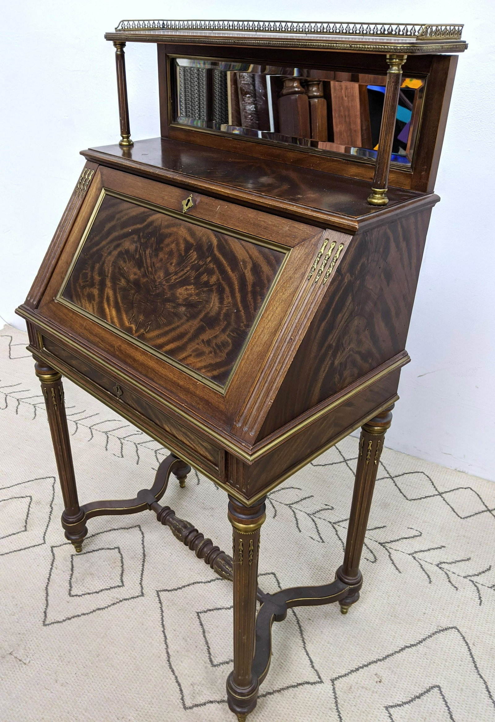Slant Lid Writing Desk With Mirror Back Splash. Brass g: Slant Lid Writing Desk With Mirror Back Splash. Brass gallery.-- Dimensions: : W: 26.5 inches: D: 18 inches ---