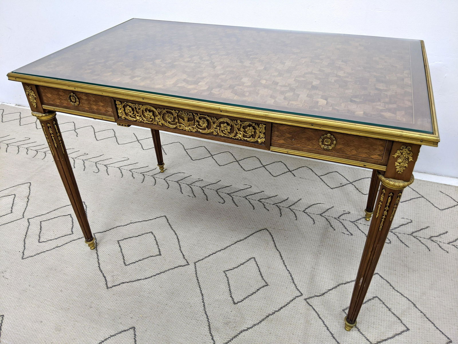 French Parquetry Bureau Plateau Writing Desk.  Brass mo (1 of 11)