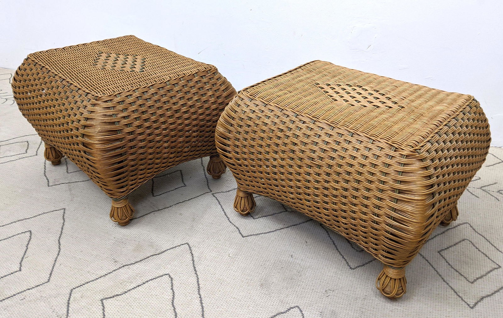 Pair Rattan Ottoman Footstool Tables. Unmarked. (1 of 8)