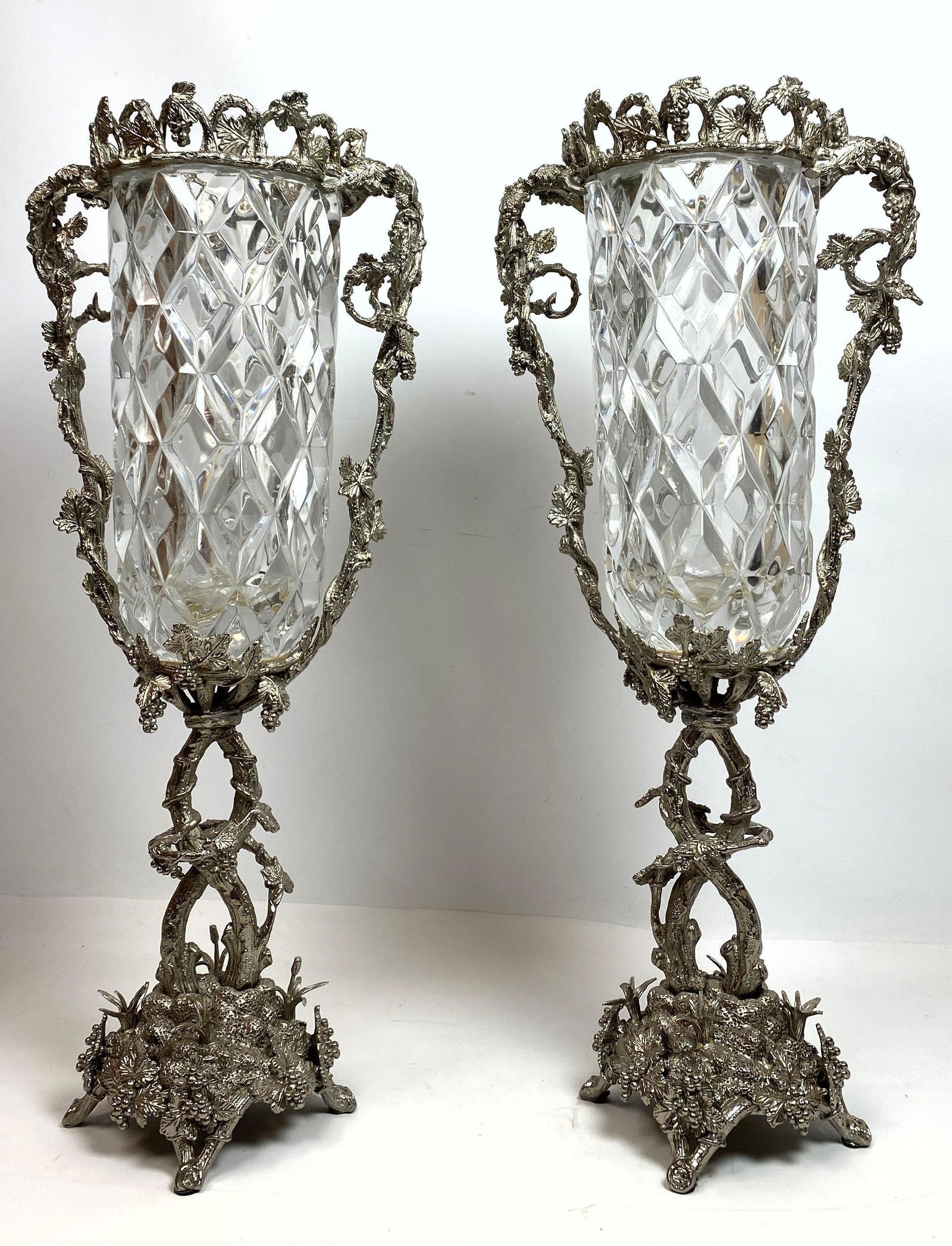 Heavy Decorator Silvered Metal And Glass Urn Vases. Fan (1 of 9)