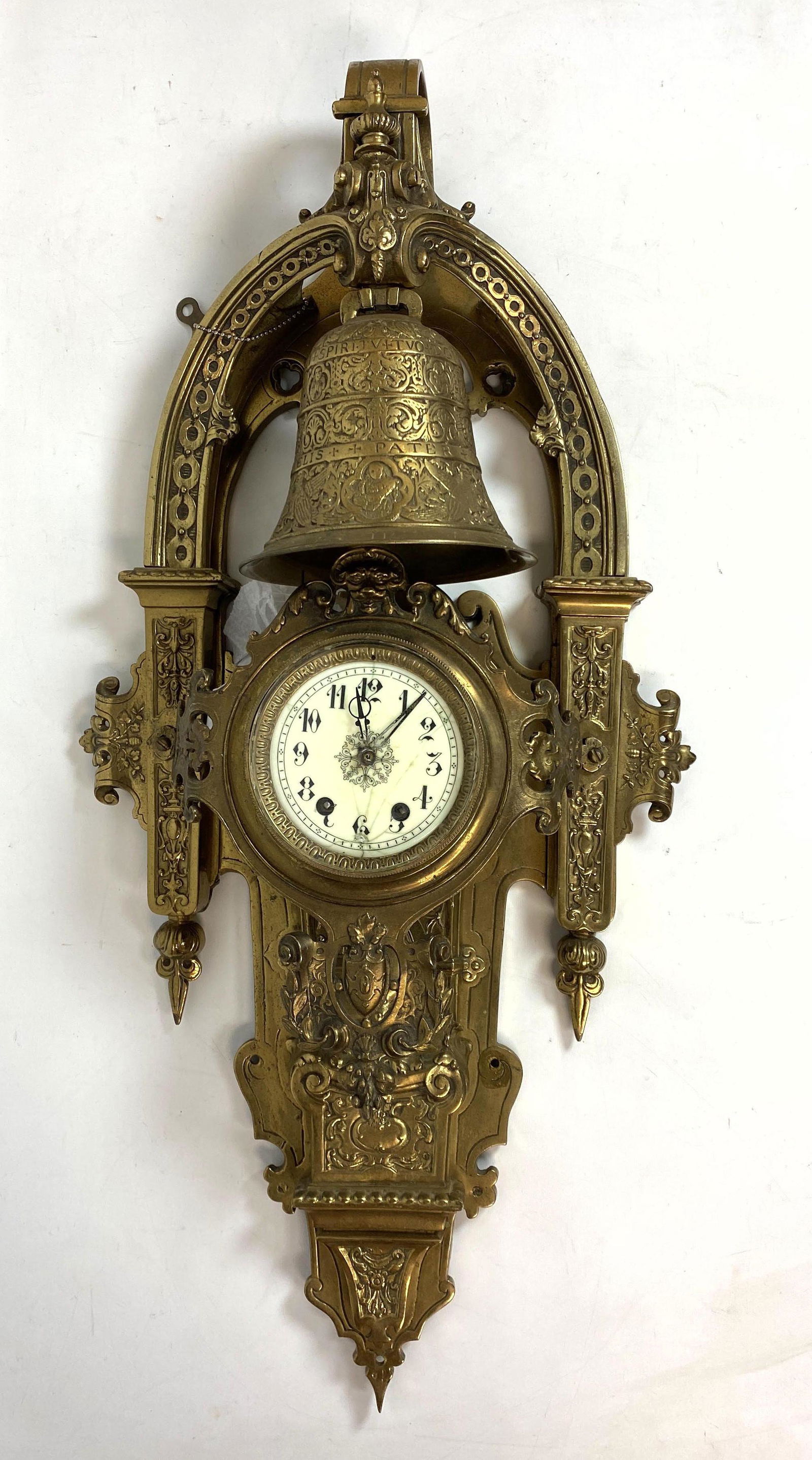 Large Heavy Brass Wall Clock with Bell Form Top.  Key W (1 of 13)