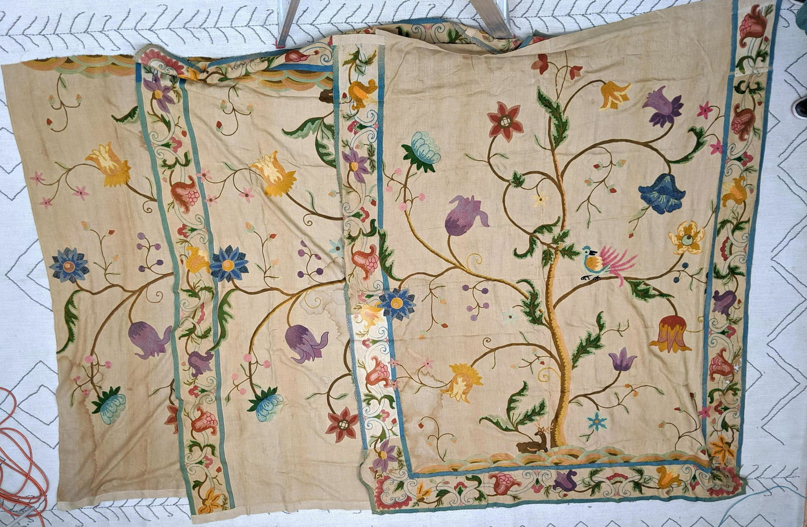 3 Crewel Embroidered Panels.  Floral with birds. (1 of 20)