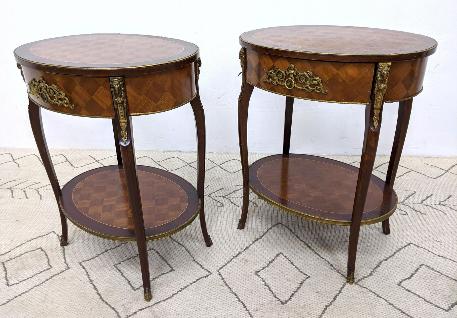 Pair French Style Side Tables. Parquet Design with Gilt (1 of 14)