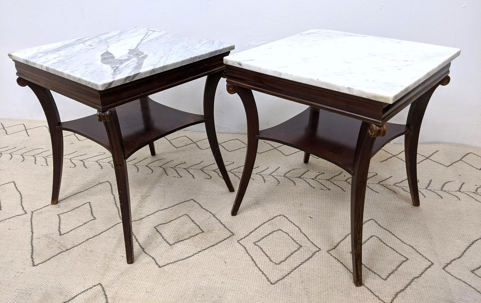 Pair Marble Top Side End Tables.  Mahogany bases. (1 of 13)