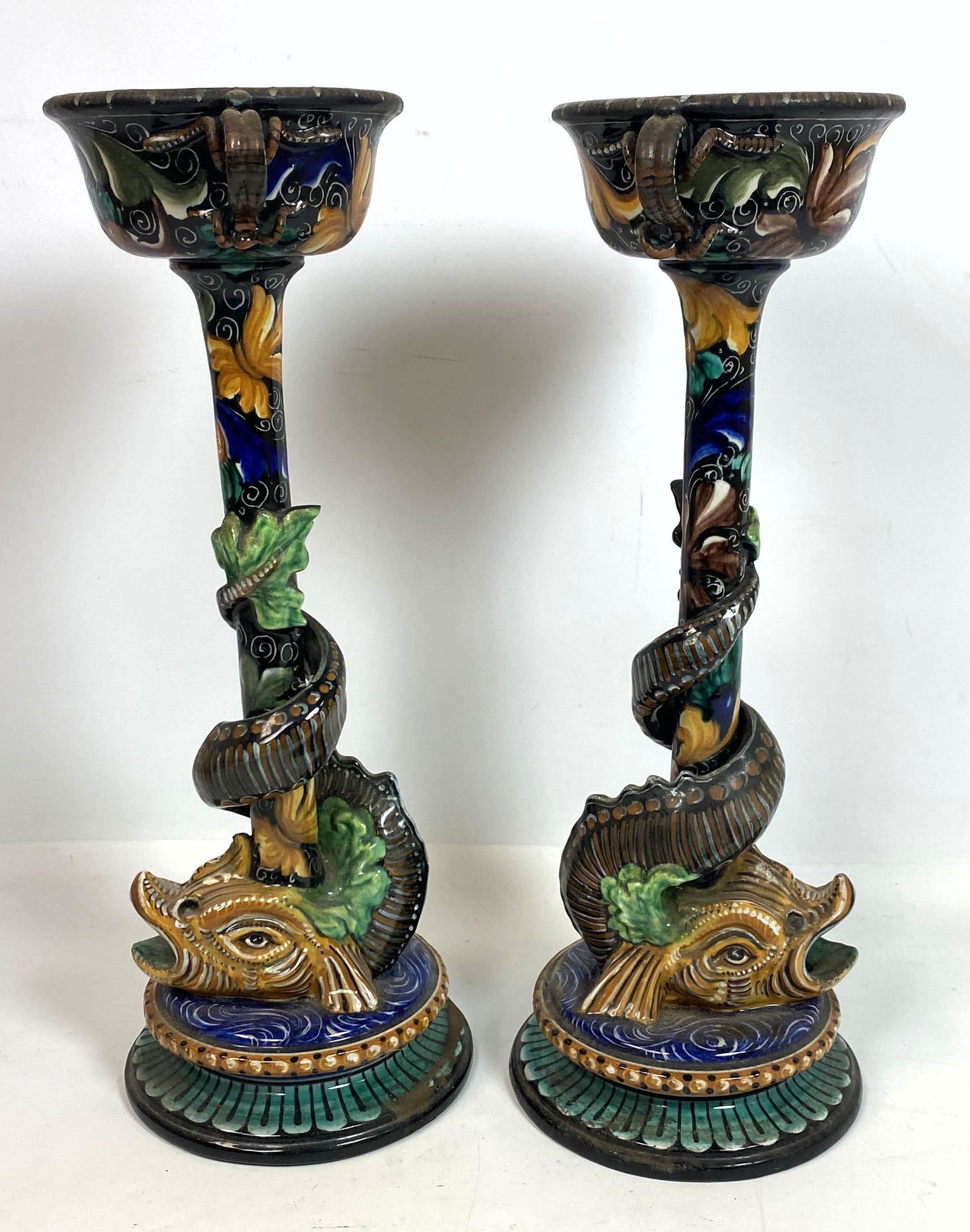 PESARO ITALY Dolphin Form Candle Sticks. Majolica Style (1 of 12)
