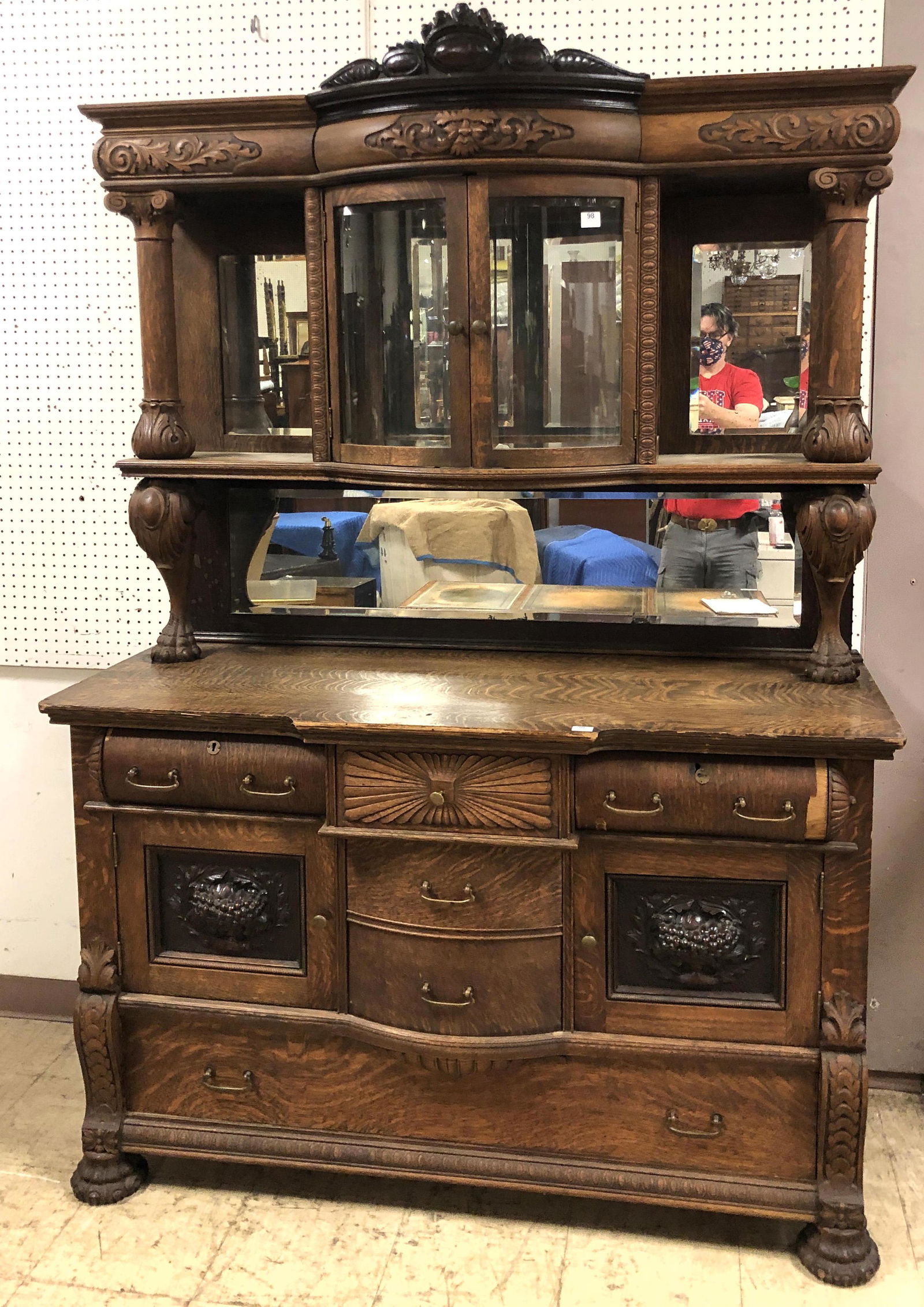 Fancy Carved Oak Sideboard with curio top Antique (1 of 15)