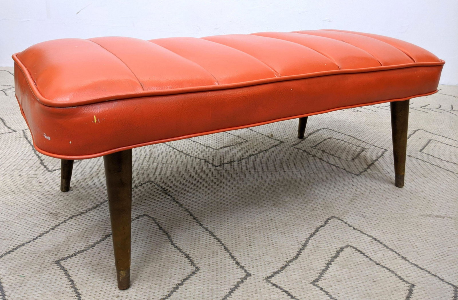 50s Modern Vinyl Bench with Peg Legs.: 50s Modern Vinyl Bench with Peg Legs. -- Dimensions: H: 14 inches: W: 36.5 inches: D: 17 inches ---