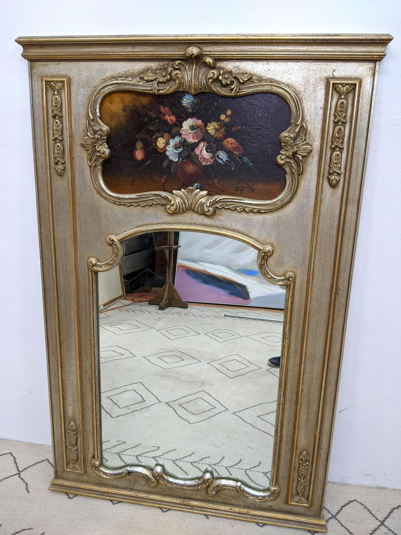 Louis XV Style Trumeau Mirror with Hand Painted top. (1 of 8)