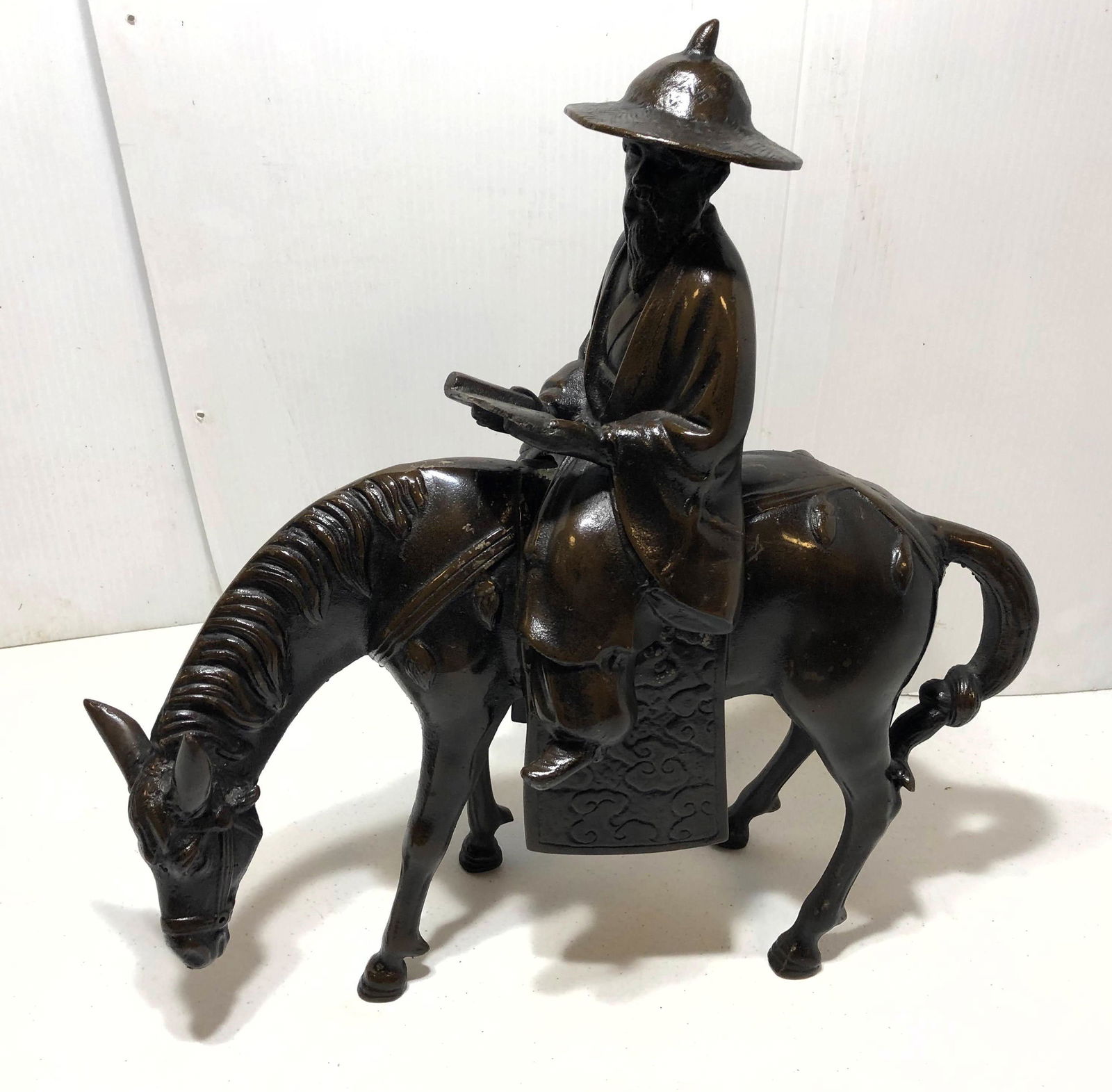 Chinese Style Bronze 2 Part Sculpture.  Man on horse. (1 of 7)
