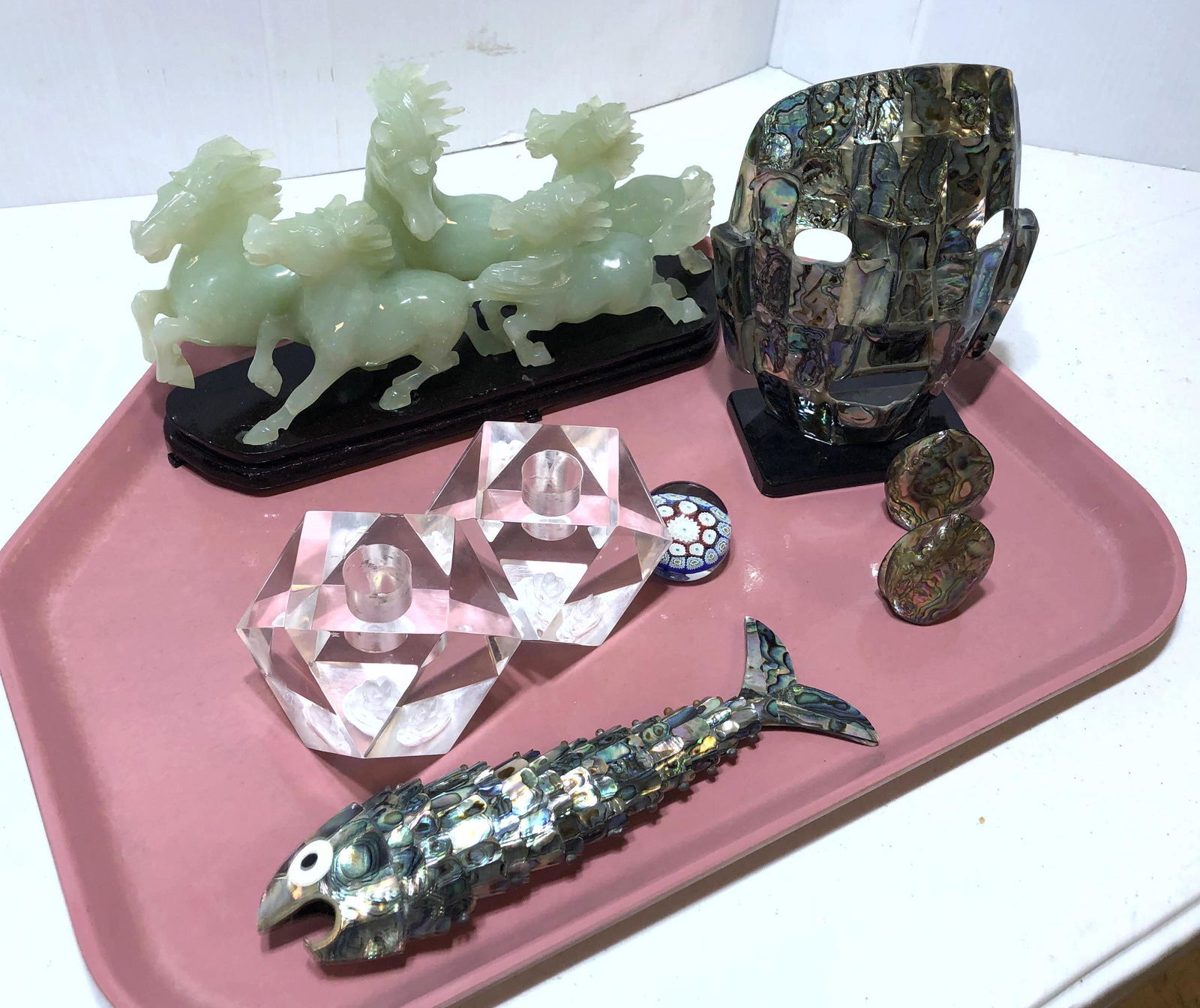 Lot Decorative Objects Abalone Mask, Fish, salt pepper: Lot Decorative Objects Abalone Mask, Fish, salt pepper. Asian Sculpture. etc.-- Dimensions: ---