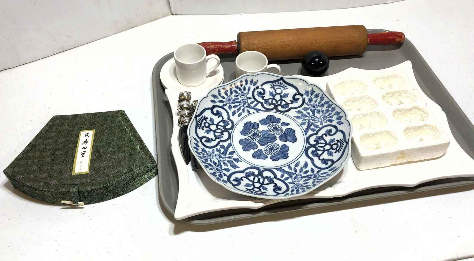 tray lot. Asian Porcelain Dish. Ink Stone. Rolling pin (1 of 9)