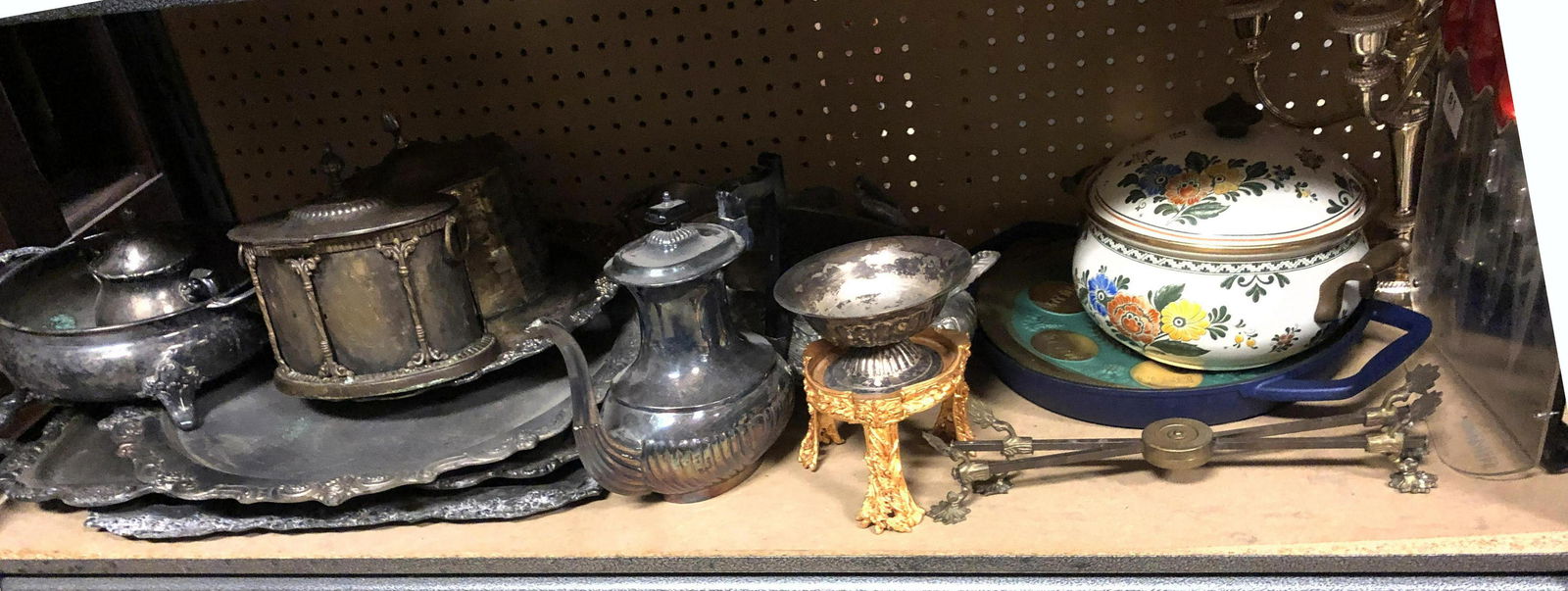 Silver plate tea set and trays, Knife set and enamel po: Silver plate tea set and trays, Knife set and enamel pot-- Dimensions: ---