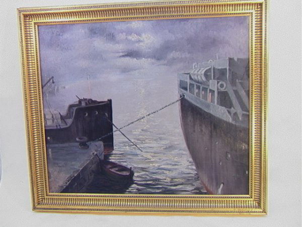 A. STEPHAN Oil Canvas Painting of Ships at Dock.: A. STEPHAN Oil Canvas Painting of Ships at Dock. Moody twilight scene of moored ships. French stamp on back of canvas. Dimensions: Image Size: H: 22.5 inches: W: 27.5 inches Condition (General) Please