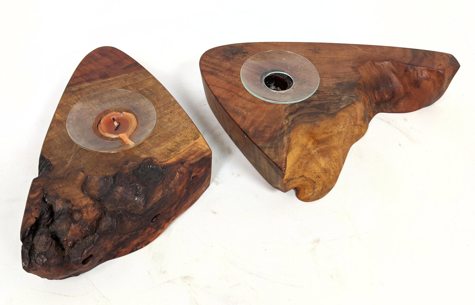 2pcs MIRA NAKASHIMA Freeform Wood Candle Holders. Signe: 2pcs MIRA NAKASHIMA Freeform Wood Candle Holders. Signed 2006. -- Dimensions: H: 1.5 inches: W: 9 inches: D: 6.5 inches --- US Shipping charge: $35 Plus insurance at a rate of $1 per hundred.