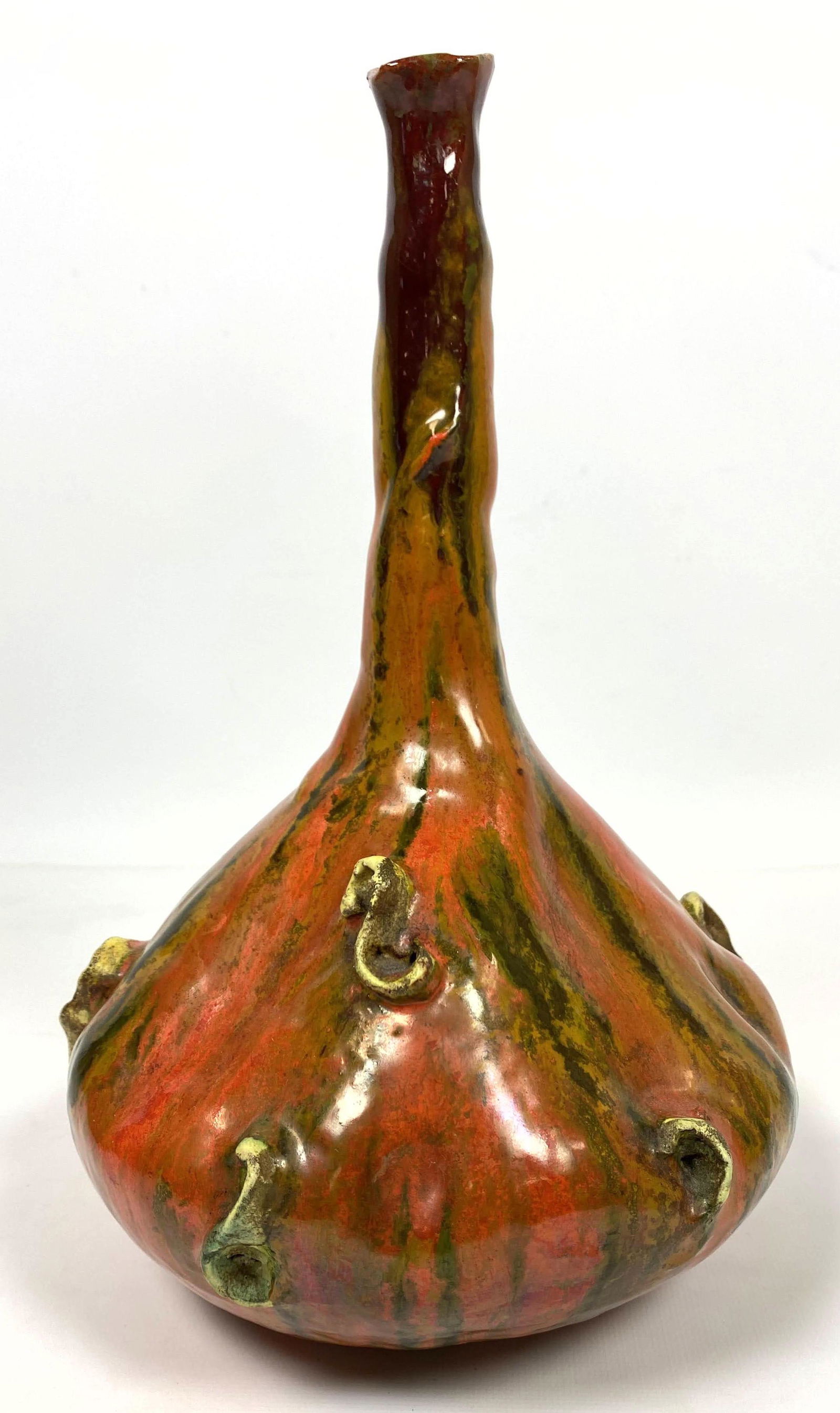 MARCELLO FANTONI Bottle Form Vase.  Orange red glaze. (1 of 8)