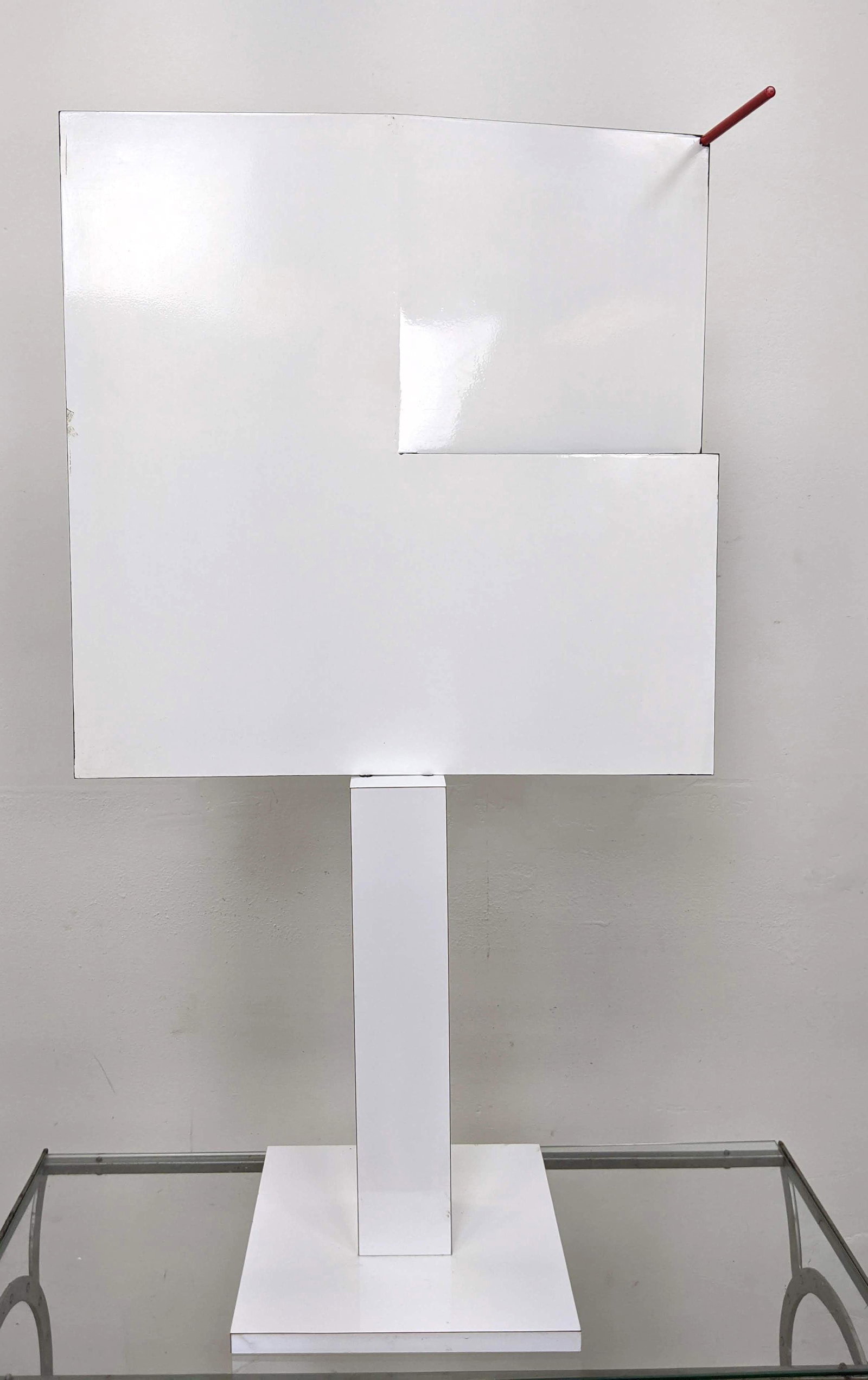 GEORGE D'AMATO Minimalist Enameled Steel Sculpture. Spl: GEORGE D'AMATO Minimalist Enameled Steel Sculpture. Split Square with red rod. Black one side Other White. D'AMATO was an award winning art director who worked on award winning ad campaigns for Alka S