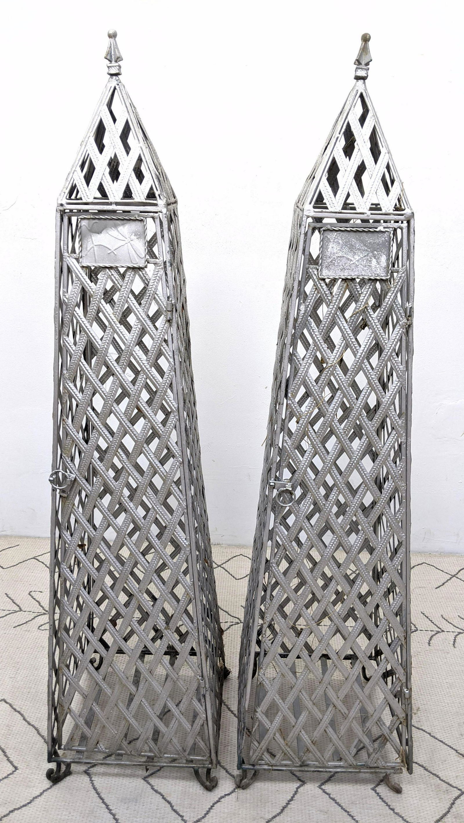 Decorator Tin Obelisk Towers. Cage Design with Door.: Decorator Tin Obelisk Towers. Cage Design with Door.-- Dimensions: H: 56 inches: W: 14 inches: D: 14 inches ---