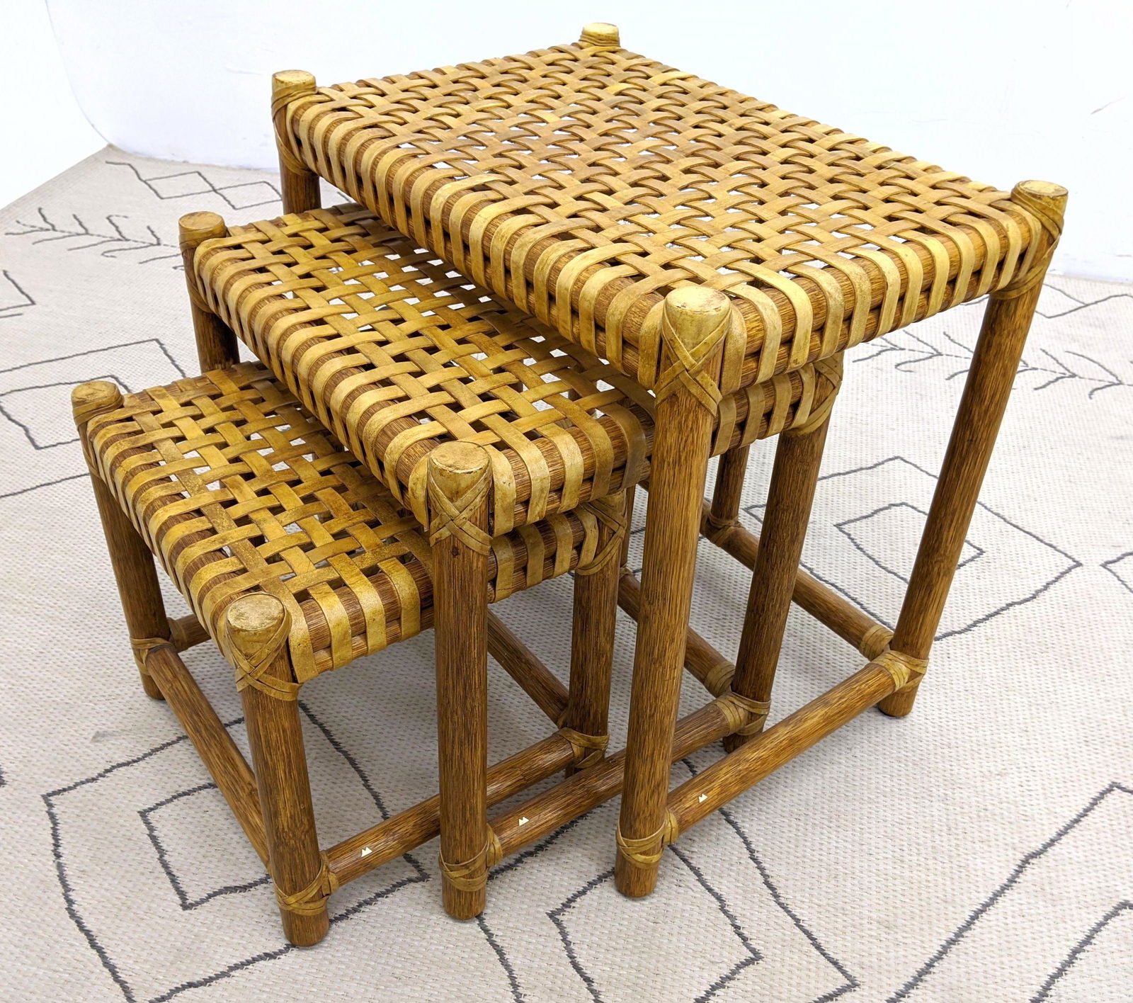 McGUIRE Woven Leather and Wood Nesting Stool Tables. S (1 of 10)