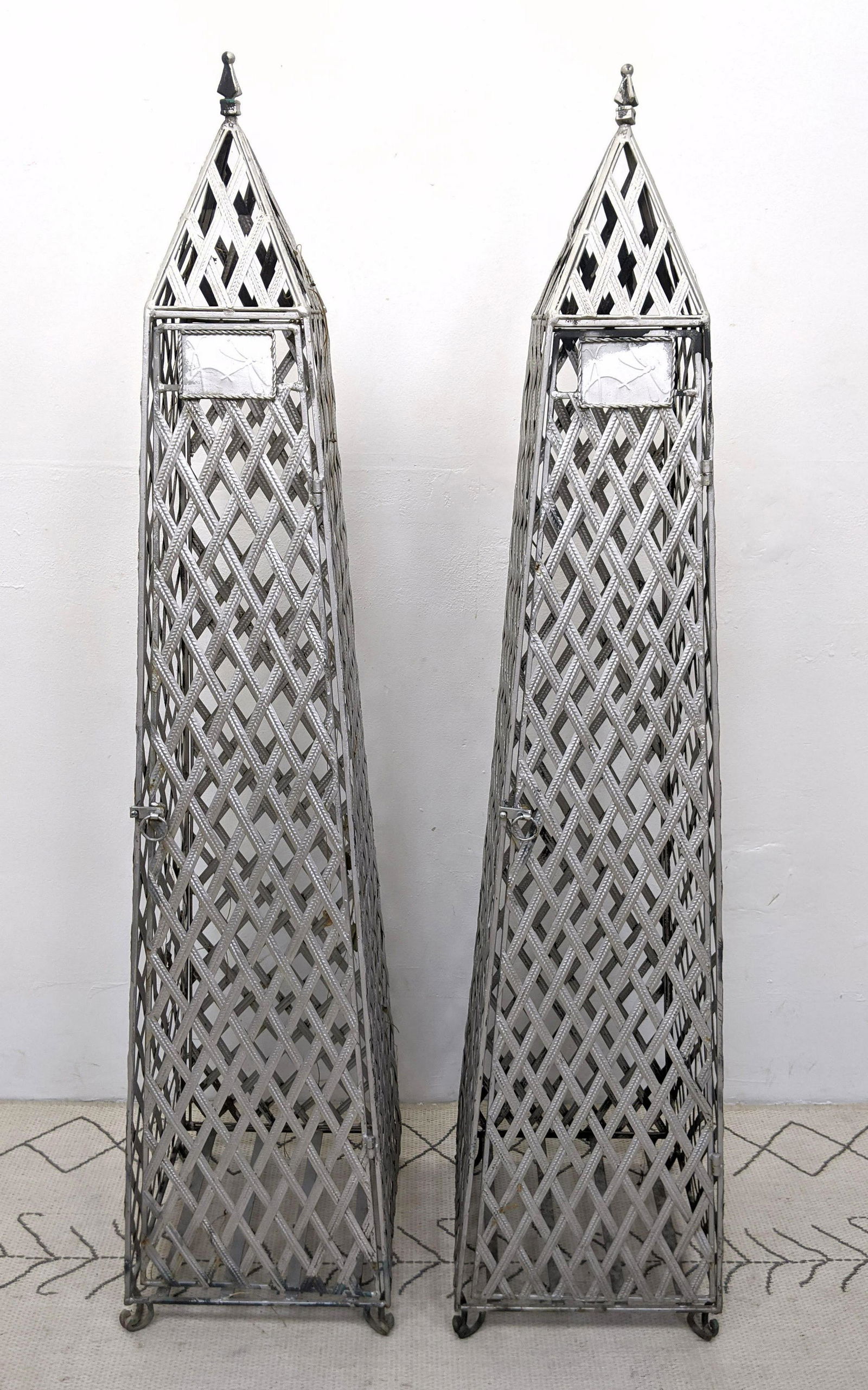 Decorator Tin Obelisk Towers. Cage Design with Door.: Decorator Tin Obelisk Towers. Cage Design with Door.-- Dimensions: H: 69 inches: W: 16 inches: D: 16 inches ---