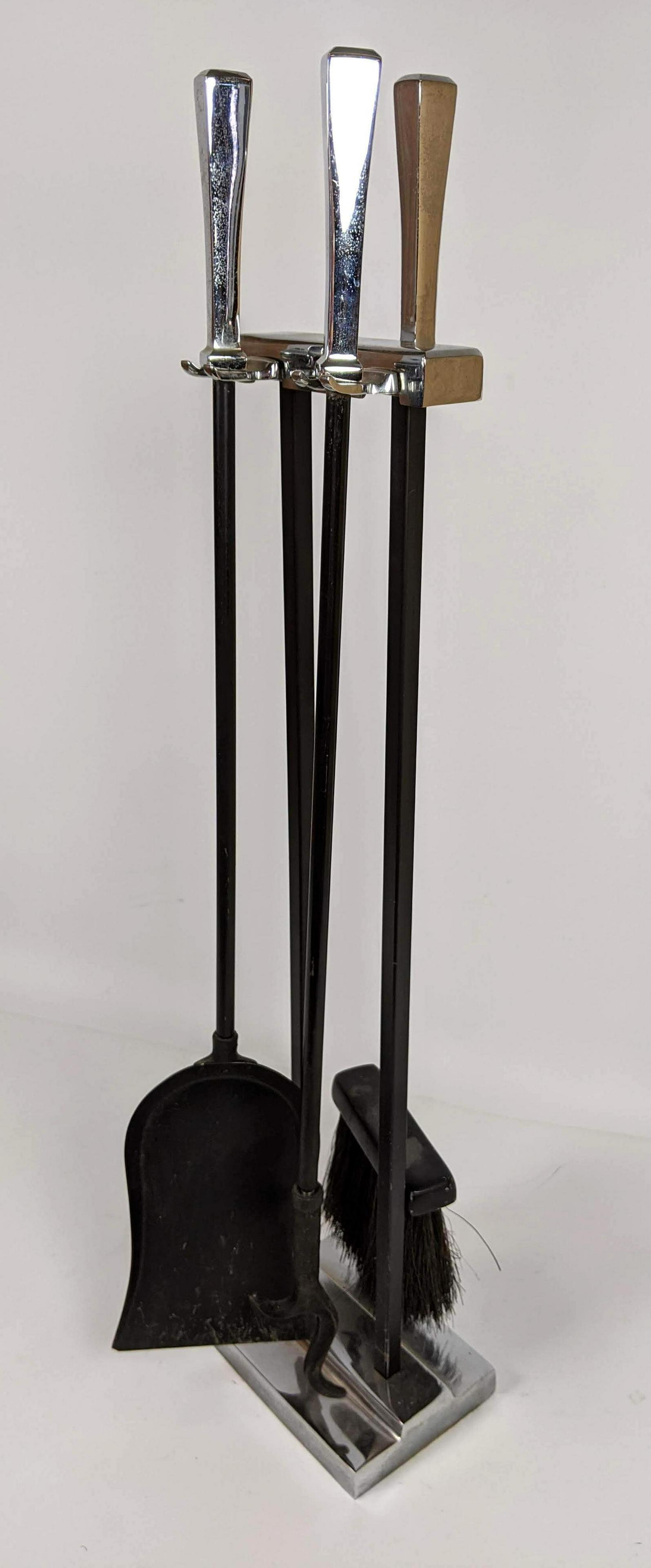 Modernist Chrome and Steel Fireplace Tools.: Modernist Chrome and Steel Fireplace Tools. -- Dimensions: H: 30.5 inches: W: 6.5 inches: D: 5 inches ---