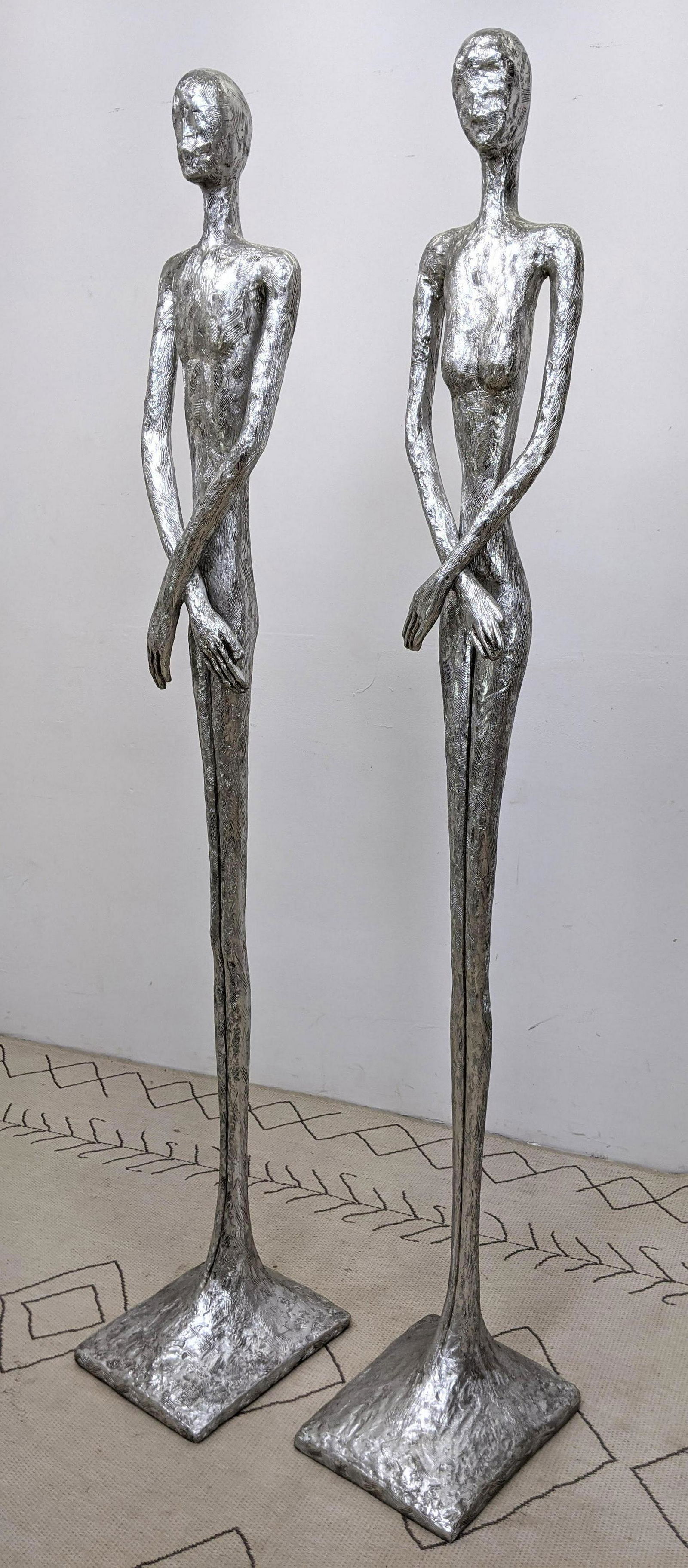 Pair Tall Figural Composite Floor Sculptures. Silver Fi (1 of 9)