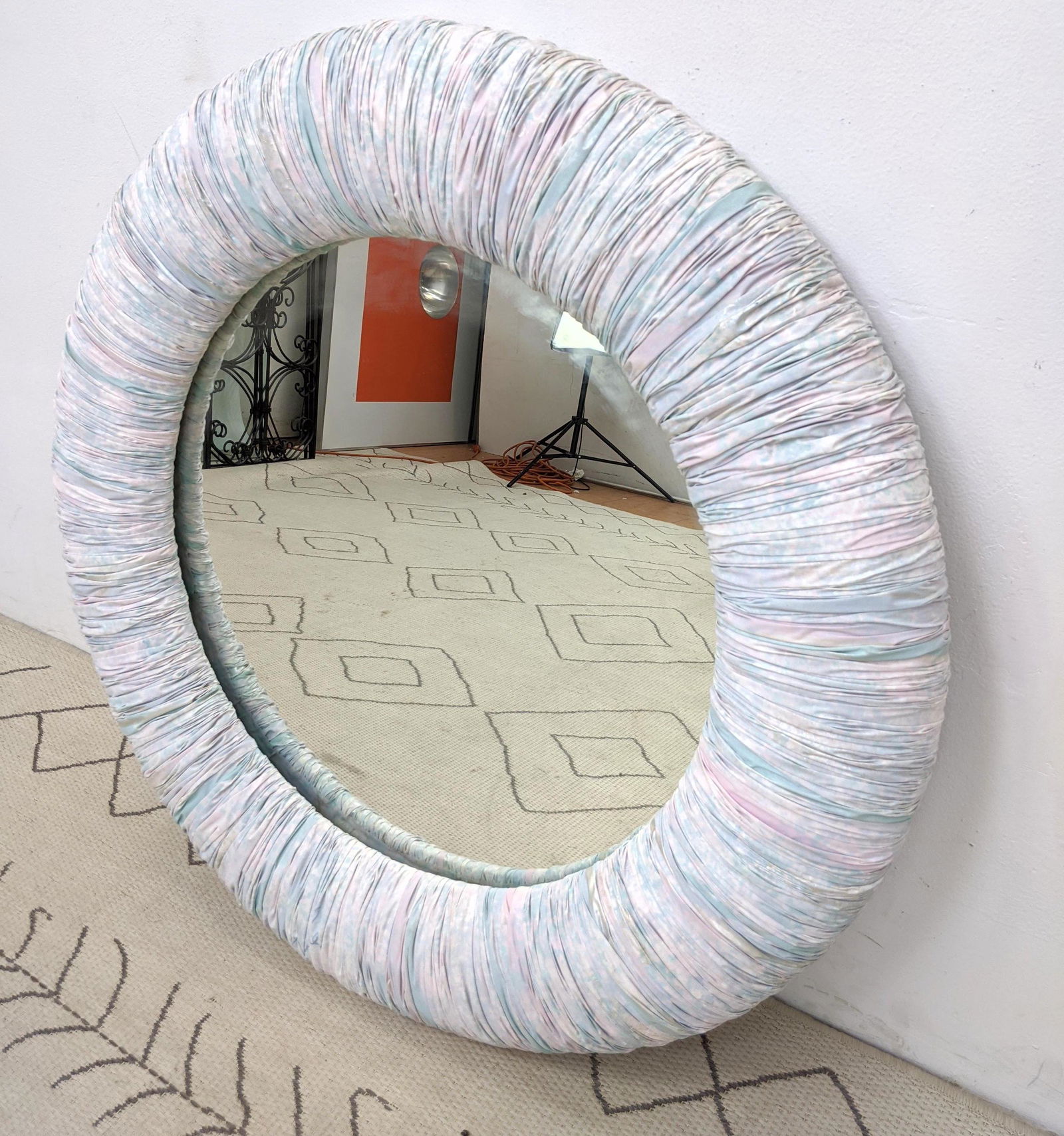 Springer Style Upholstered Wall Mirror.  Round. (1 of 8)