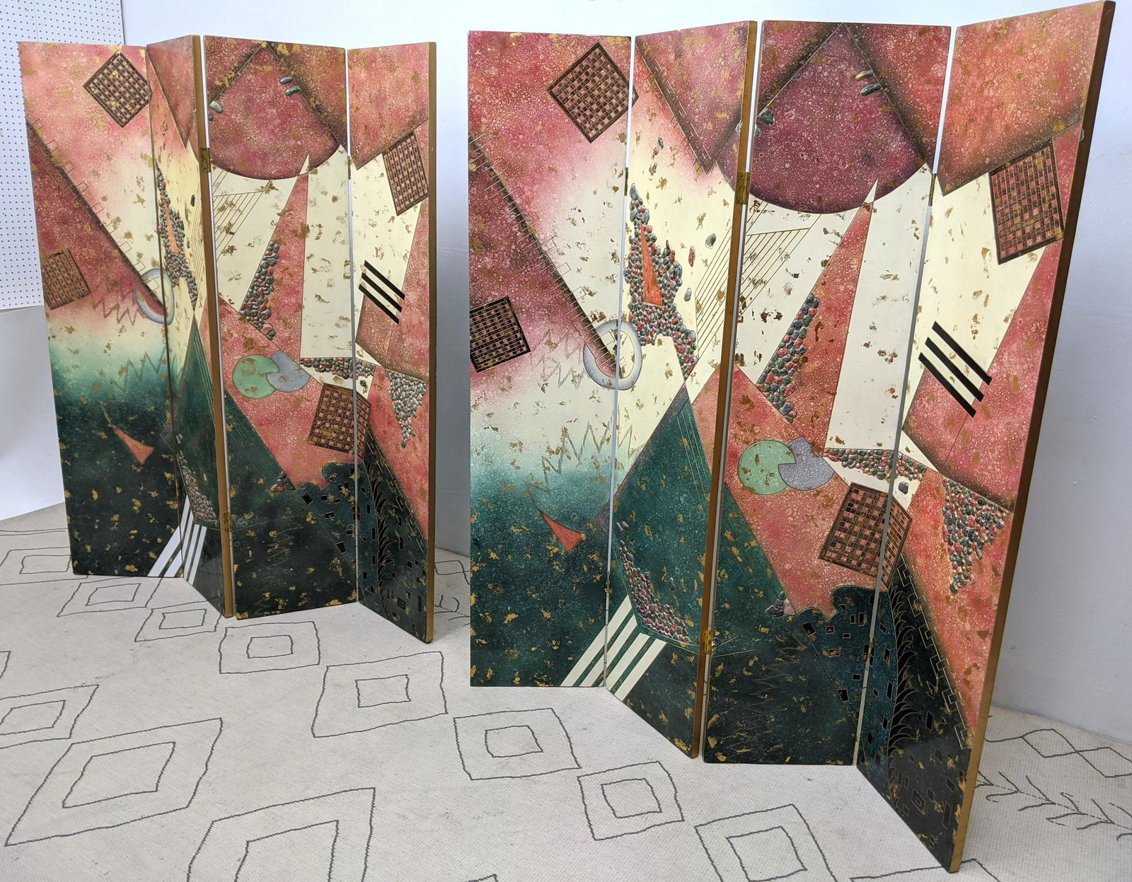 Pair 80s Lacquer Painted Folding Screens Room Dividers. (1 of 13)
