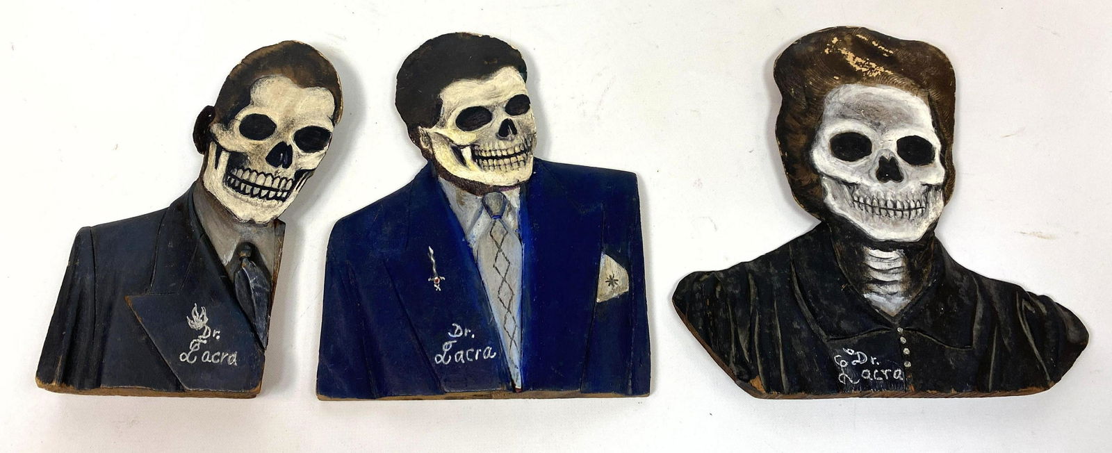 3pc DR. LACRA attributed Carved Wood Skull Head Figures (1 of 9)