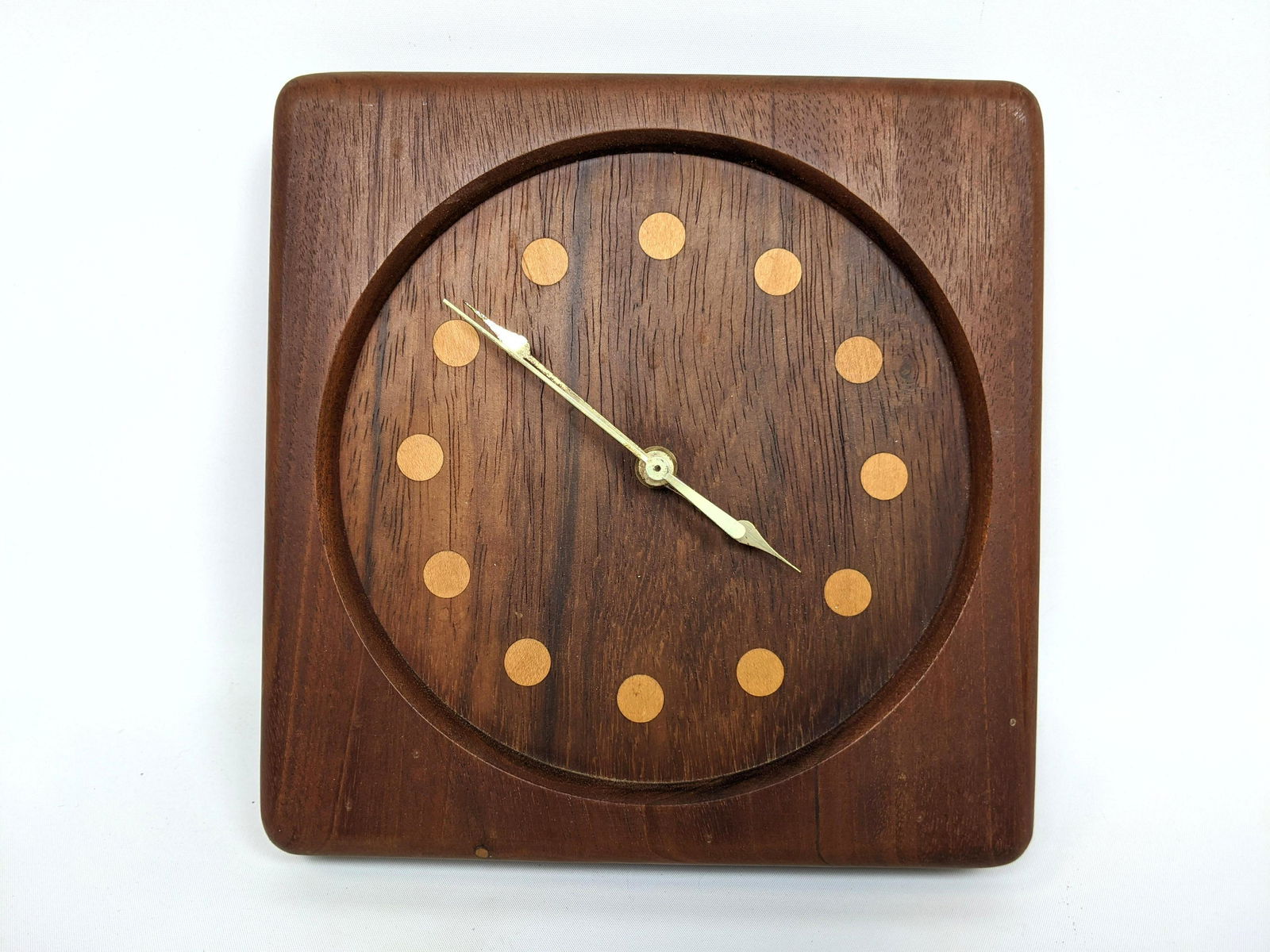 Danish Modern Teak Wall Clock.  Inlaid dots. (1 of 6)