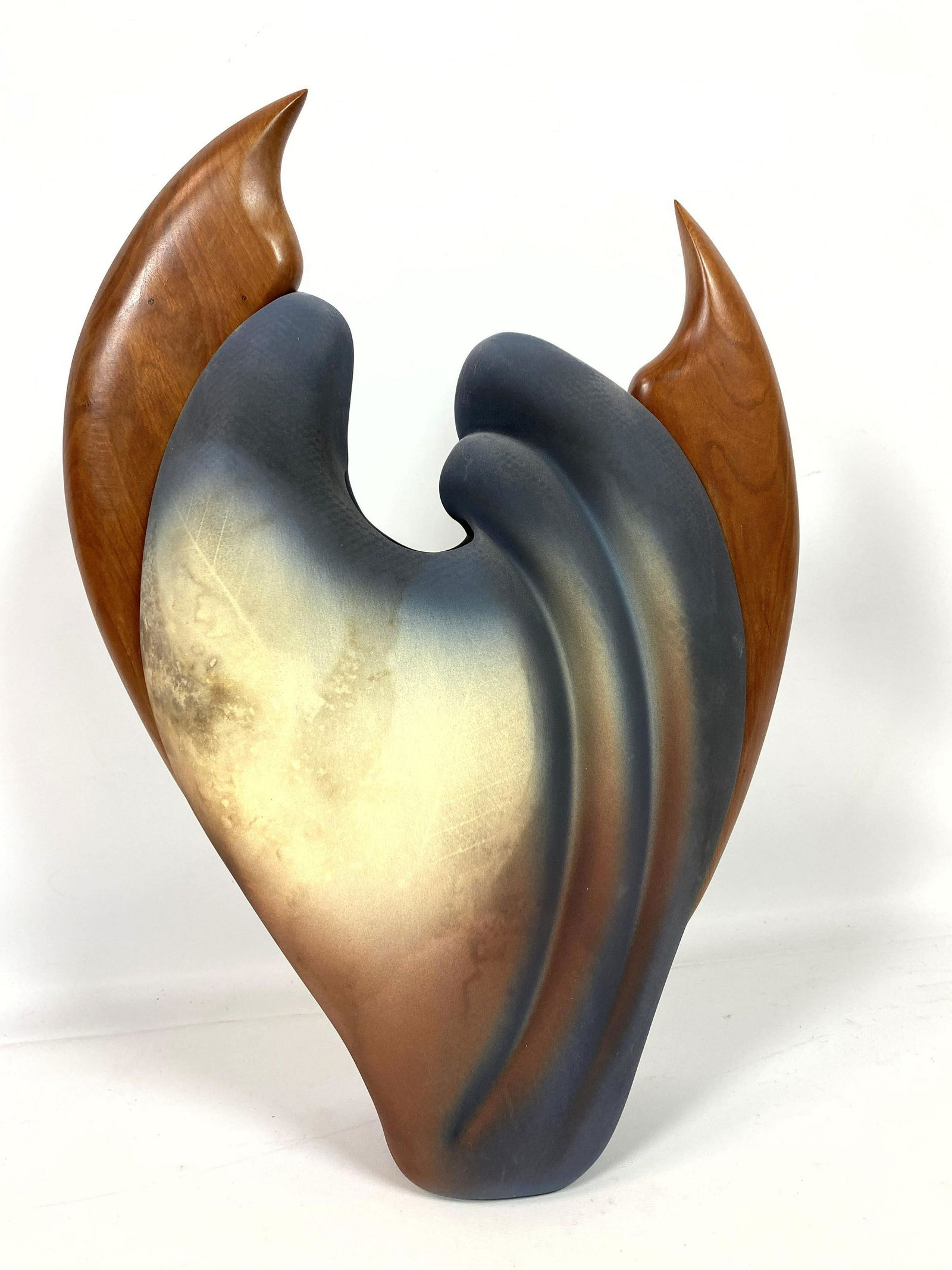 Artist Signed Art Pottery Vase with Natural Wood Accent (1 of 15)