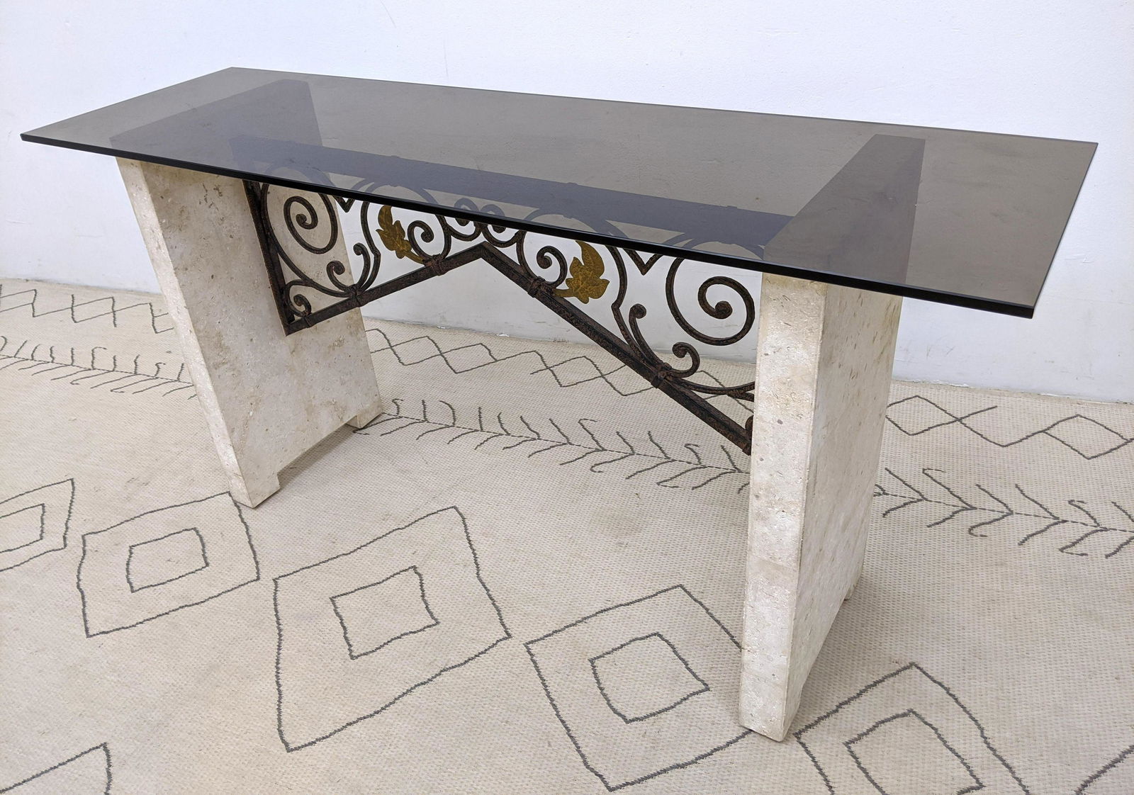 Decorator Travertine and Iron Console Table with Glass (1 of 8)